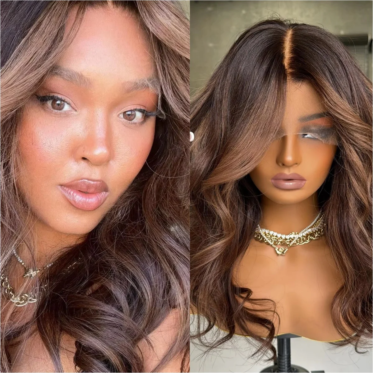 20”Natural Body Wave Wig 13x4 Chocolate Brown Highlights Synthetic HD Lace Front Wig Glueless Wig For Women High Quality Fiber