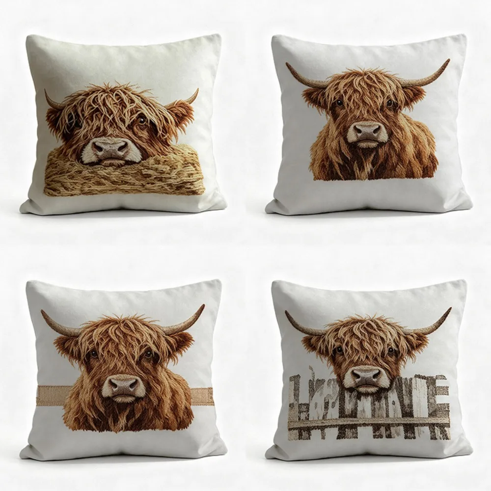18 Inches Christmas Pillow Cover Vintage Farm Style Scottish Highland Bull Pillow Cover for Living Room Sofa Decoration