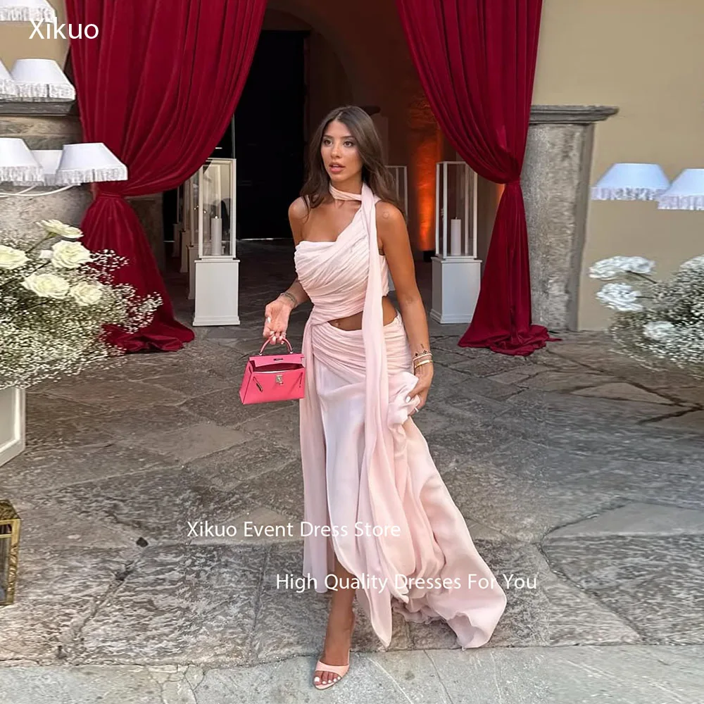 

Xikuo Pink One Shoulder Flowy Evening Gown Cut Out Chiffon Party Dresses Pleated Ruched Asymmetric Vestidos De Fiesta Customized