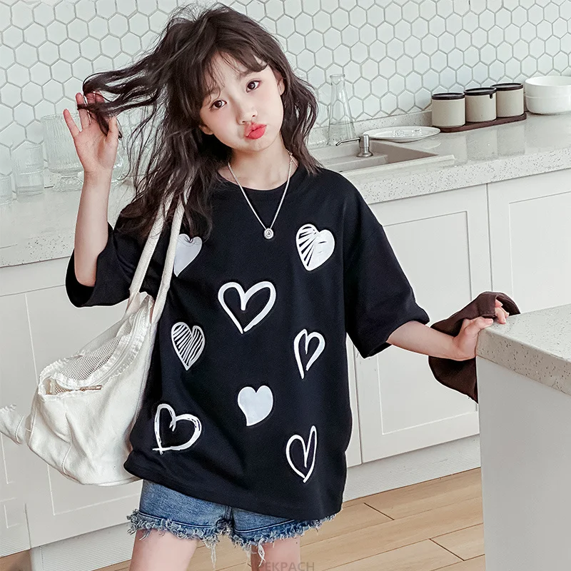 Hot Sale Child Summer Short Sleeve T-shirt with Heart Print For Girls Elegant Cotton Tshirt Outfit Tee Tops Age 5 7 9 11 13 14 Y