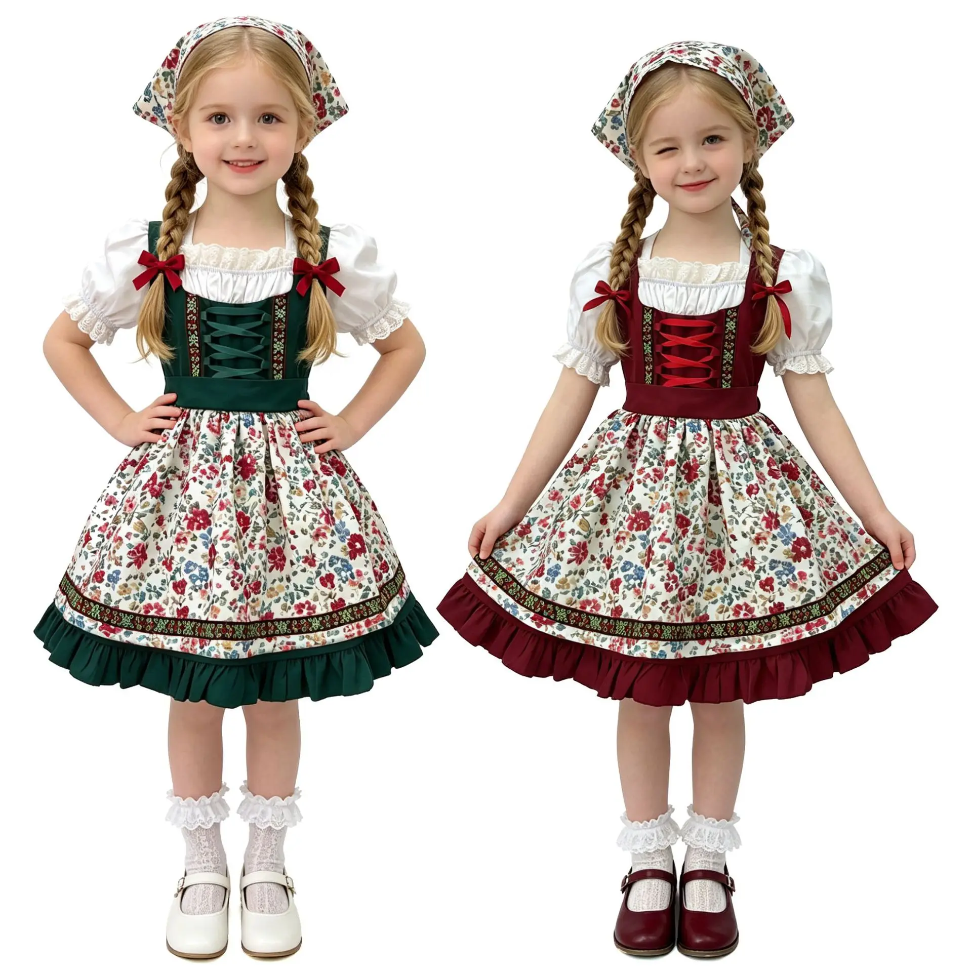 Children Dirndl Floral Dress With 4 Piece Accessories Set Children Oktoberfest Carnival Party Stage Performance Dress Up Clothes