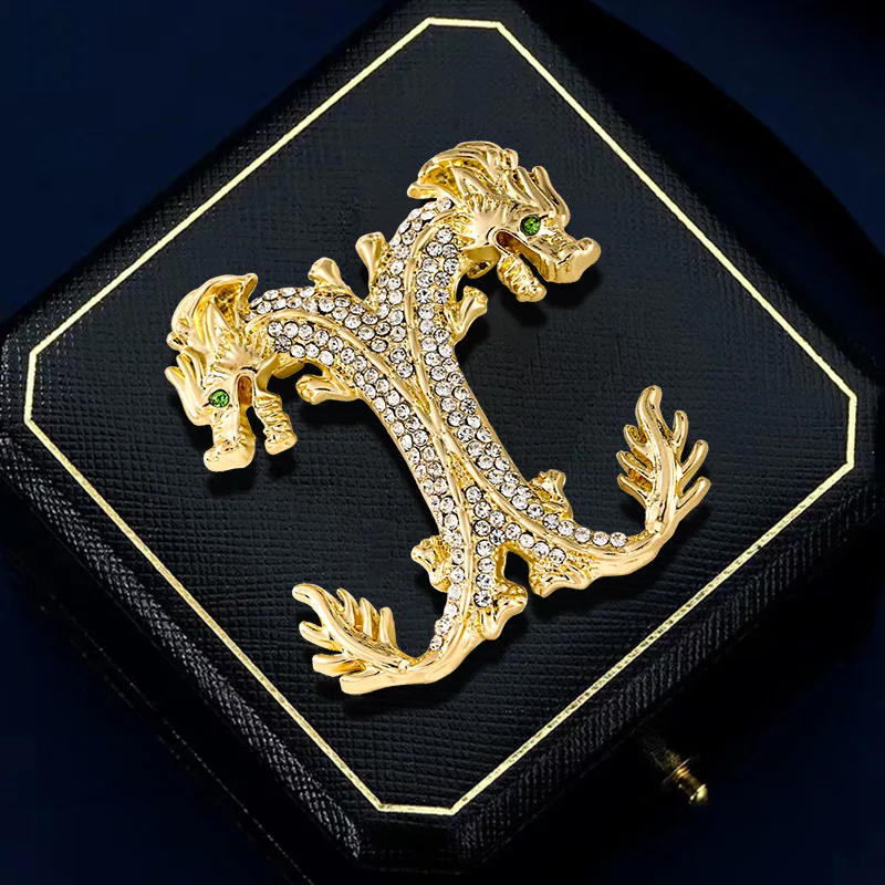 Vintage Gold Color Double Dragon Brooch Gorgeous Rhinestone High-end Men Corsage Suit Lapel Pin Exquisite Party Bouquet Jewelry