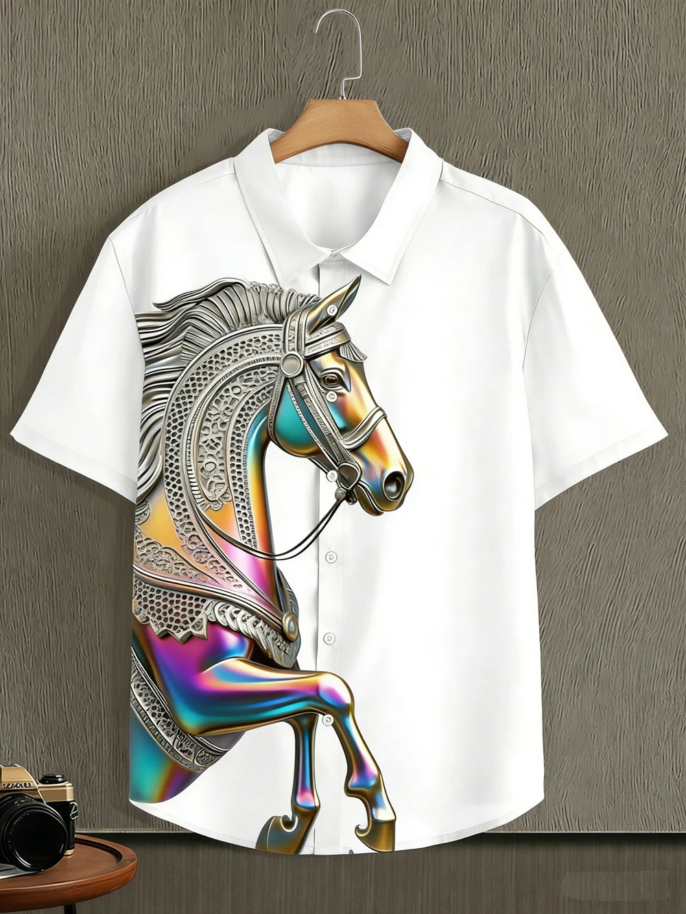 

2026 Men's New Soft Short Sleeve Shirt Stainless Steel Iron Horse Pattern HD 3D Printed Shirt Designer Clothes Men's Quick Dryin