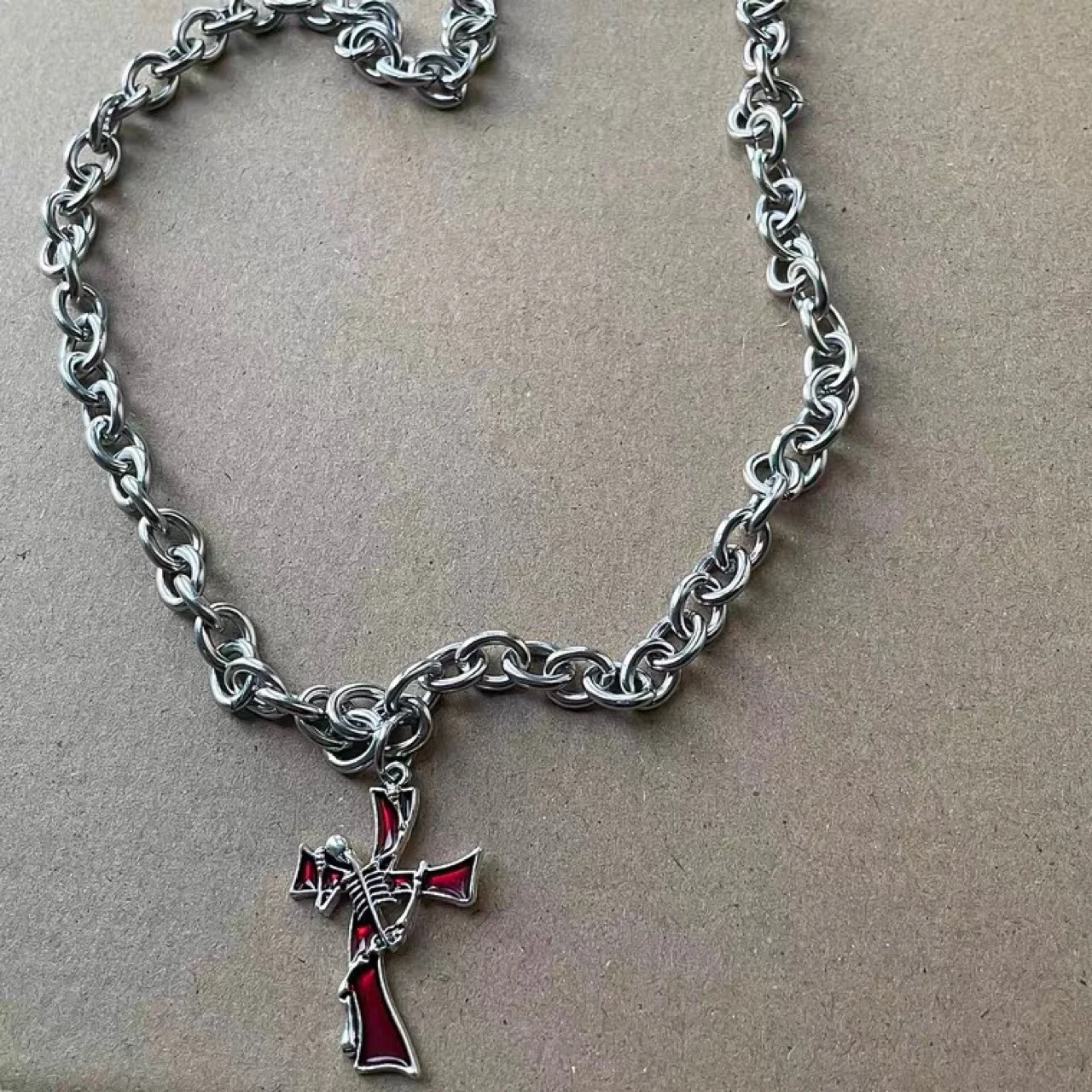 Europe and America Silver Color Red Drip Glue Skeleton Cross Necklace UNISEX Gothic Punk Hip-hop Party Jewelry Necklace