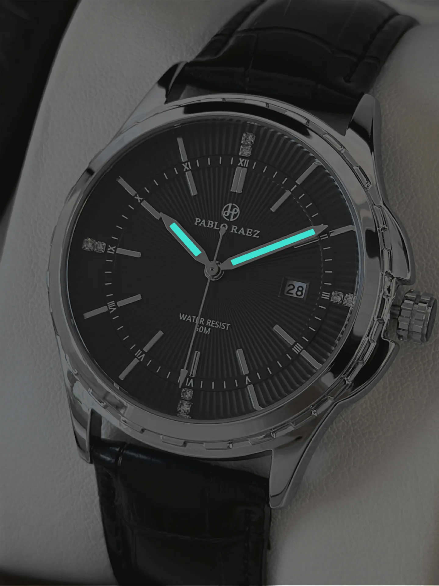Men Wristwatch Business Sweep Movement Folding Fan Pattern Handsome Watch High-quality Leather Strap Gift: Box and Spare Battery