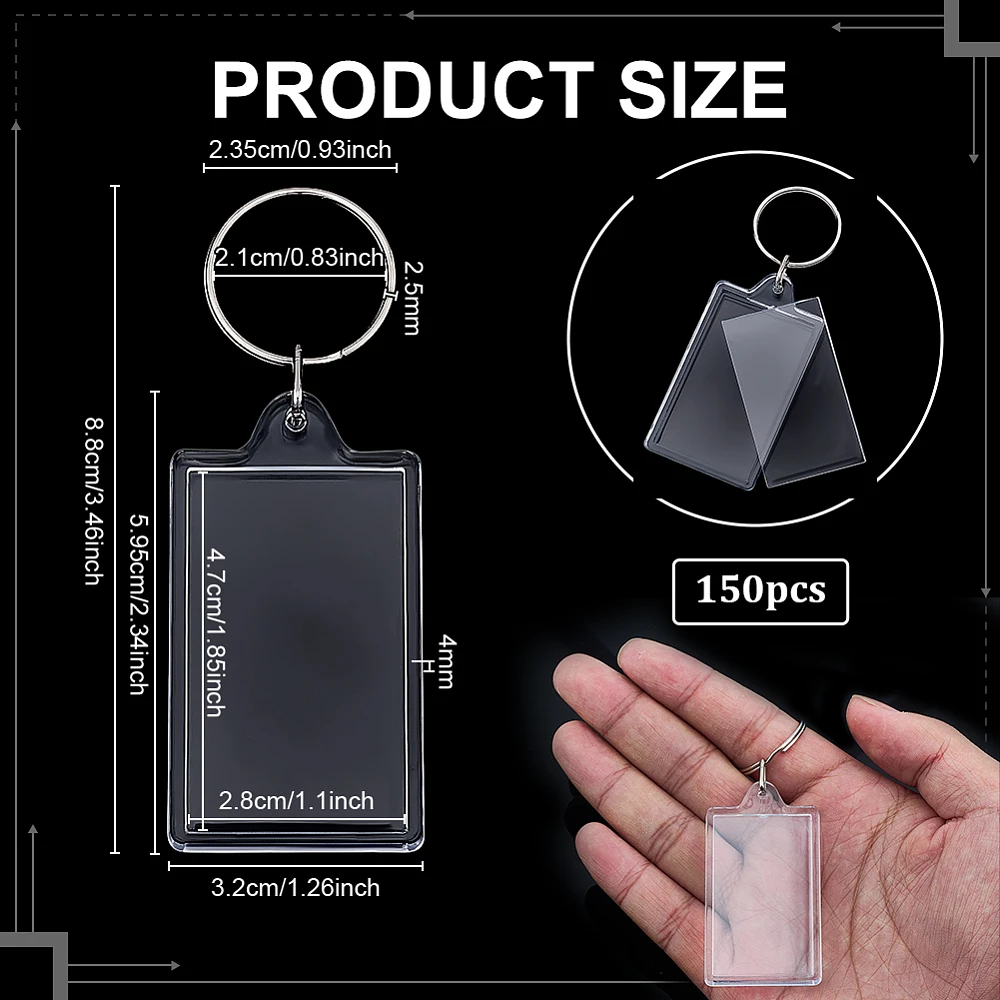 150PCS Clear Acrylic Photo Picture Keychain 3.46inch Long Transparent Blank Pendant Keychains Decoration with Split Key Rings