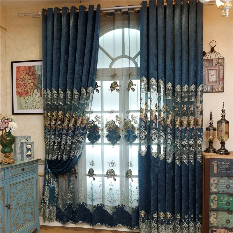 

High-end Luxury Thick Chenille Hollow Embroidery Sunshade Blue Blackout Window Curtains for Living Dining Room Bedroom Villa