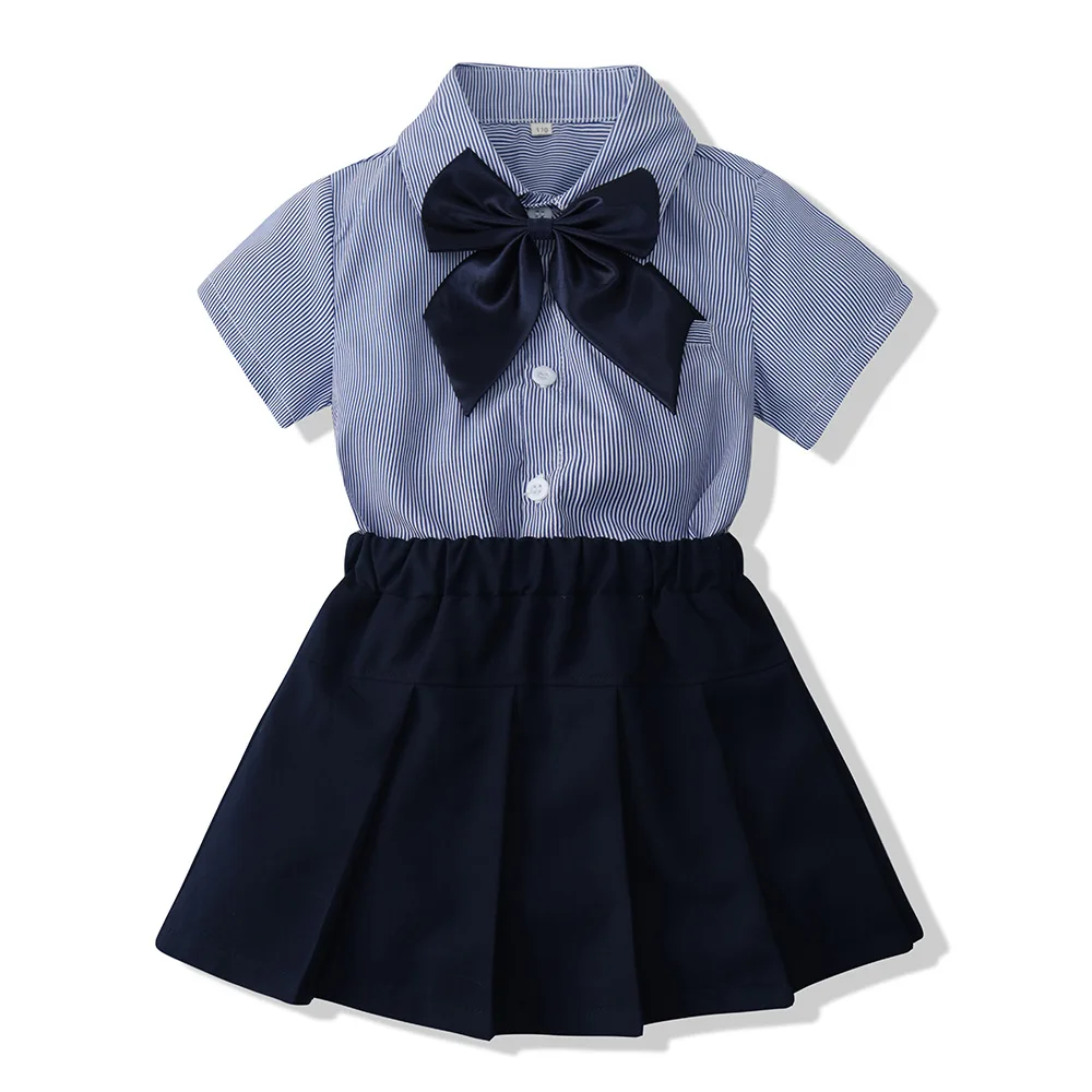 College Style Sibling Outfit Summer New Striped Short Sleeved Shirts for Boys and Girls Performance Graduation School Uniform