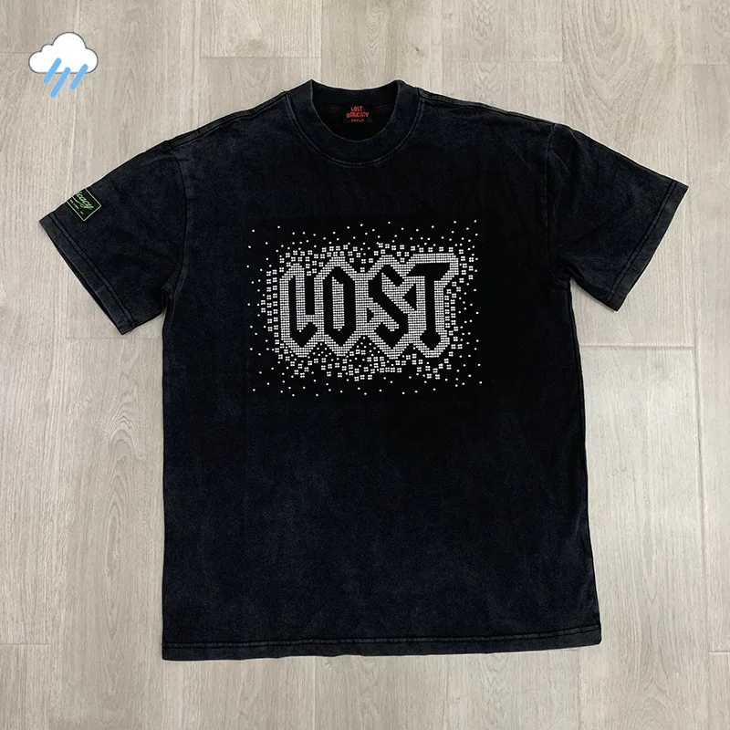 Camiseta 100% de algodón de alta calidad, camiseta clásica con Logo de diamante Flash para intricidad perdida, camiseta de gran tamaño negra lavada Vintage para hombres y mujeres