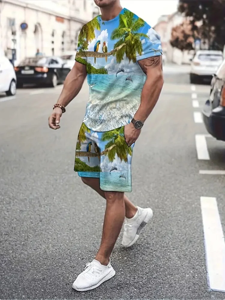 Hawaiian Coconut 3D Print Fashion Crew Neck Men\'s Suit Everyday Casual Short Sleeve And Shorts Harajuku Street Fashion Suit