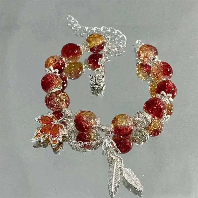 

New Trendy Red Crystal Beaded Maple Leaf Bracelet for Women Fashion Butterfly Feather Pendant Bracelet Friendship Jewelry Gift