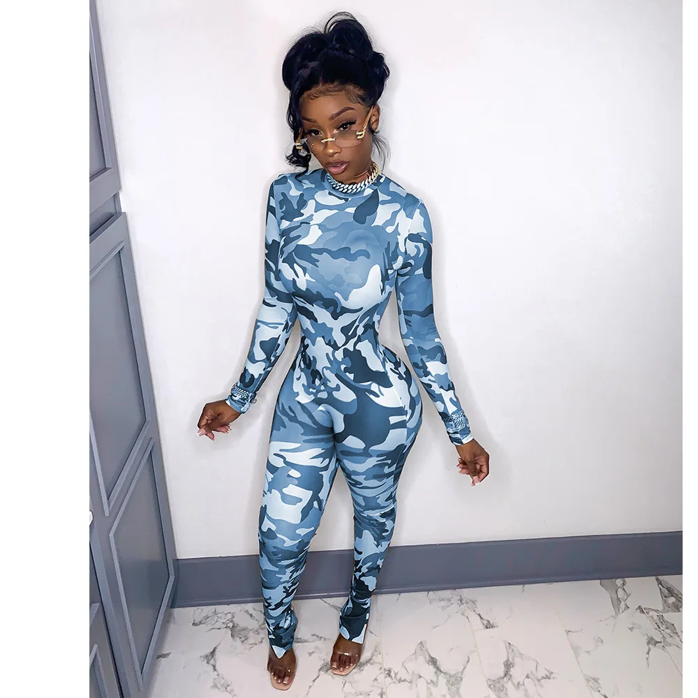 BKLD Women Clothing Autumn And Winter New Fashion Camouflage Printed Slim Fit Jumpsuit Long Sleeve Round Neck One Pieces Outfits