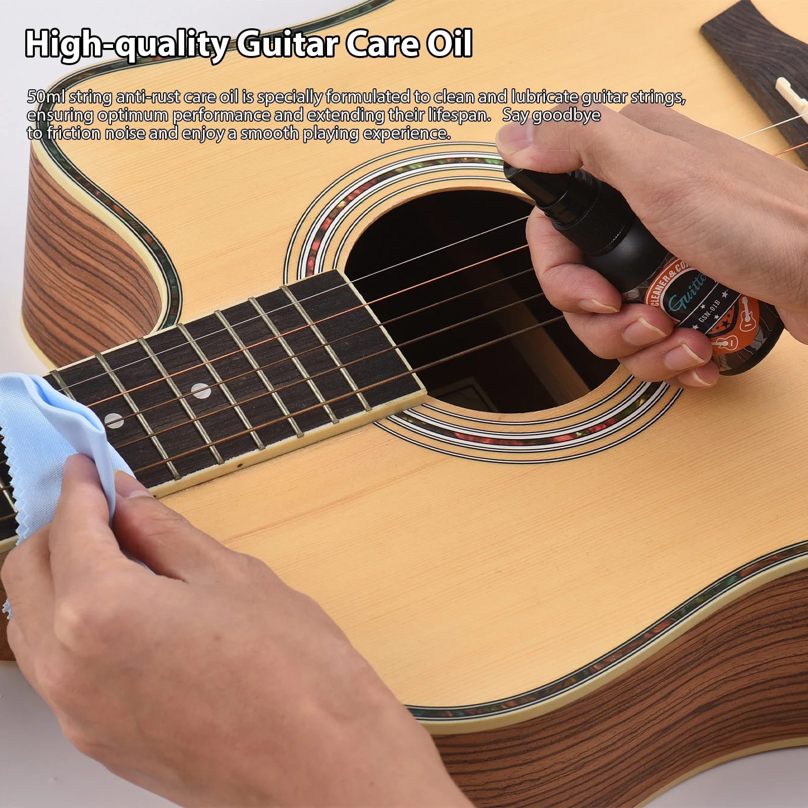 GUITTO Kit de cuidado de limpieza de guitarra, aceite de cuidado antioxidante de cuerda de 50ml con paño de limpieza para herramienta de mantenimiento de limpieza de guitarra acústica