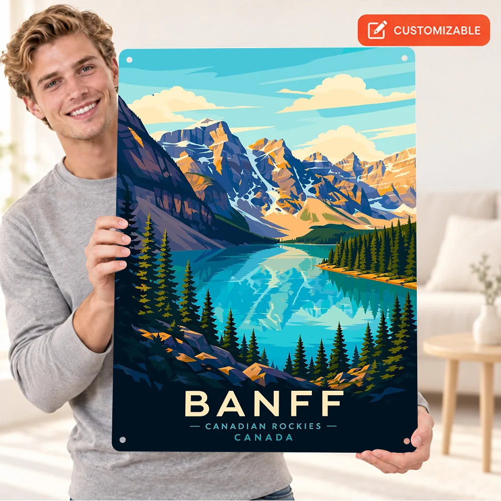 Banff Canadian Rockies Aluminum Poster Painterly Realism Design Wall Art For Bedroom Personalized Metal Sign Housewarming Gift