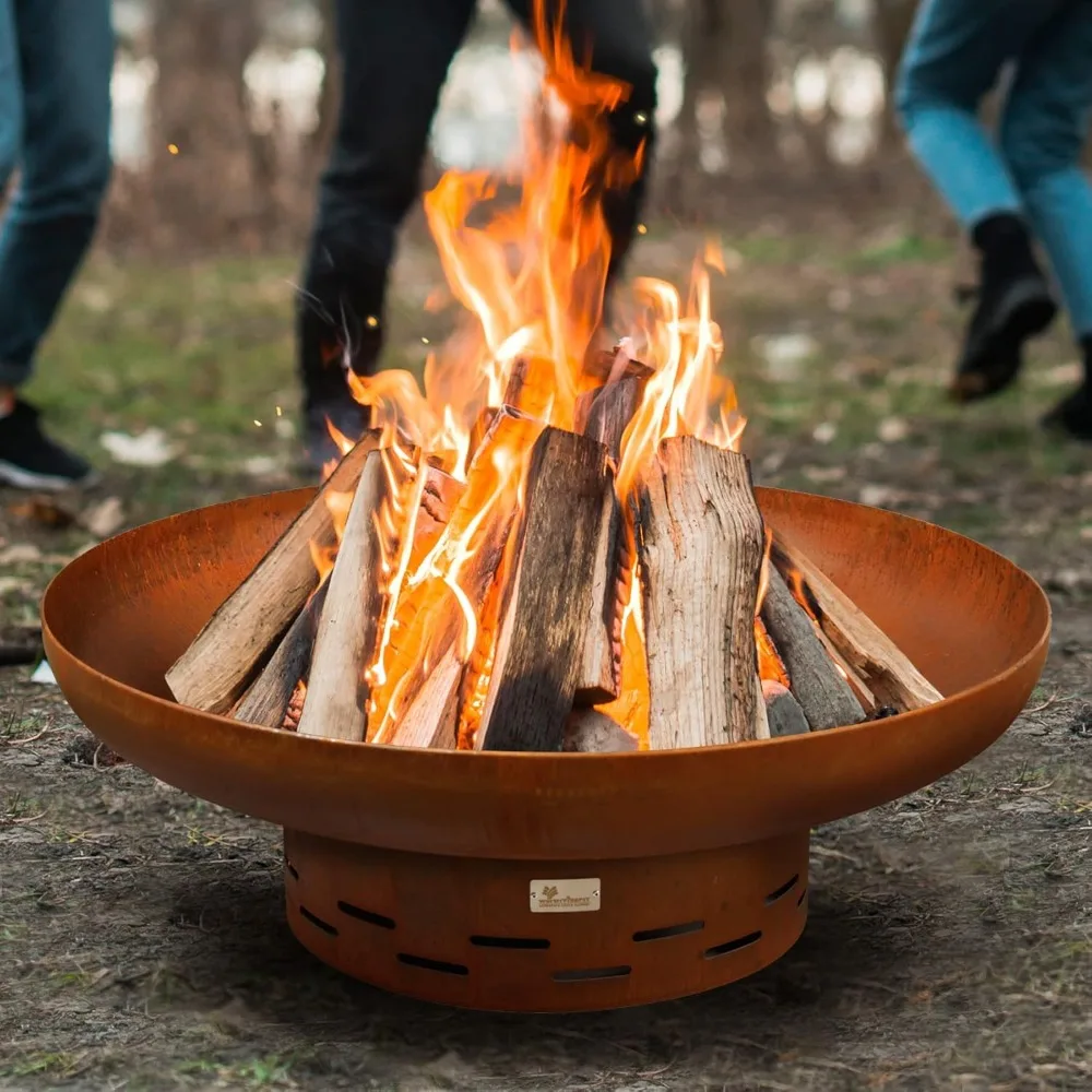 Heavy Duty Pre Rusted Weather Resistant Steel Circular Fire Pit with Bracket Weathered Steel Wood Combustion Fireplace Fire Pits