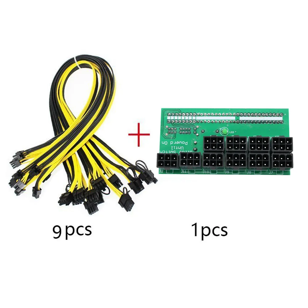 Ethereum-Alimentation pour serveur minier ZEC, 12V, carte d'installation GPU/PSU, 9 pièces, 18AWG PCI-E, 6 broches à 6 + 2 broches