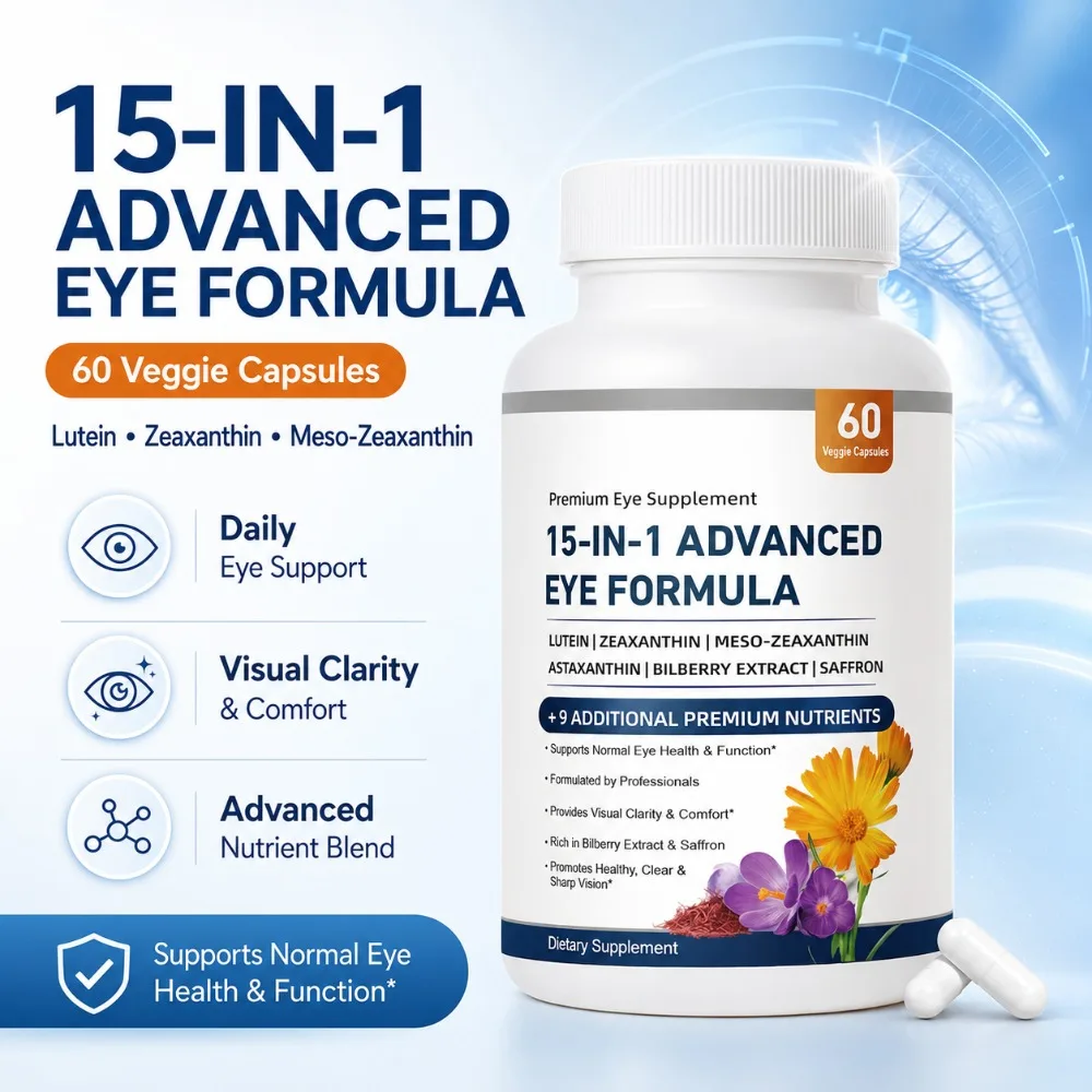 Eye Vitamins Lutein Zeaxanthin Astaxanthin 15 in 1 Advanced Eye Formula Bilberry Saffron for Clear Vision 60 Veggie Capsules