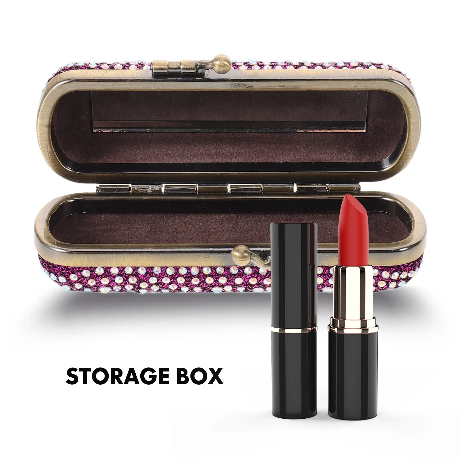 Rhinestone Lipstick Storage Case Portable Anti-Drop Mirror Mini Lipstick Organizer Travel Holder for Purse