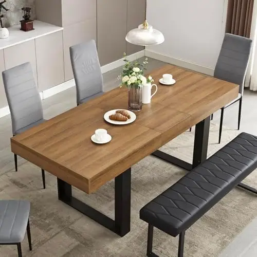 63-79 Inch Extendable Dining Table, Wooden Rectangle Kitchen Table for 6-8 | Expandable Dining Room Table, Walnut Brown