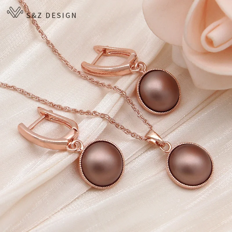 S&Z DESIGN New Fashion Round Simulated-pearl Dangle Earrings Jewelry Sets For Women 585 Rose Gold Color Pendant Necklace