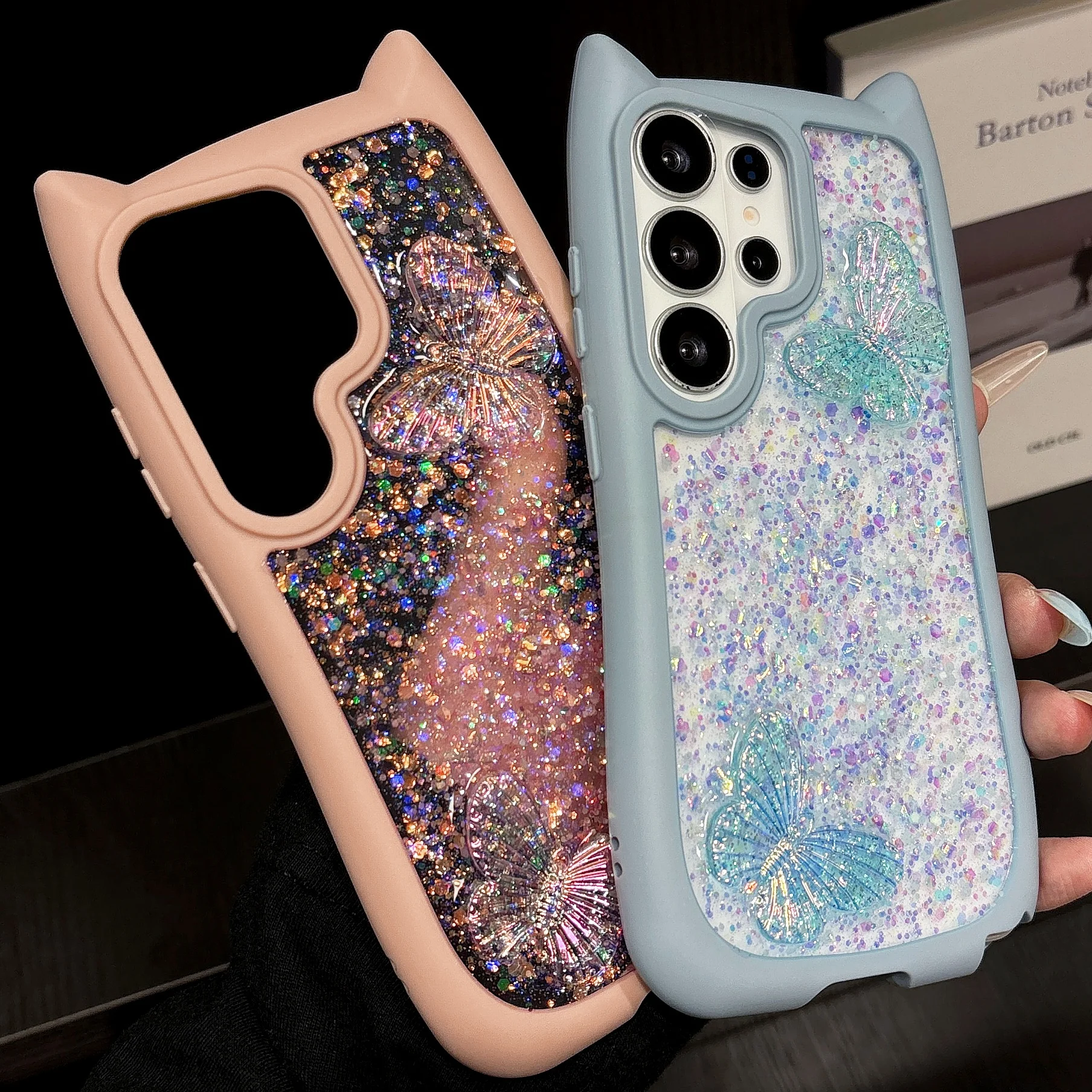 For Samsung Galaxy S26 Ultra Drip Glue Butterfly Case For Samsung S26Ultra S26 Plus Transparent Glitter Cute Cat Ear Cover Funda