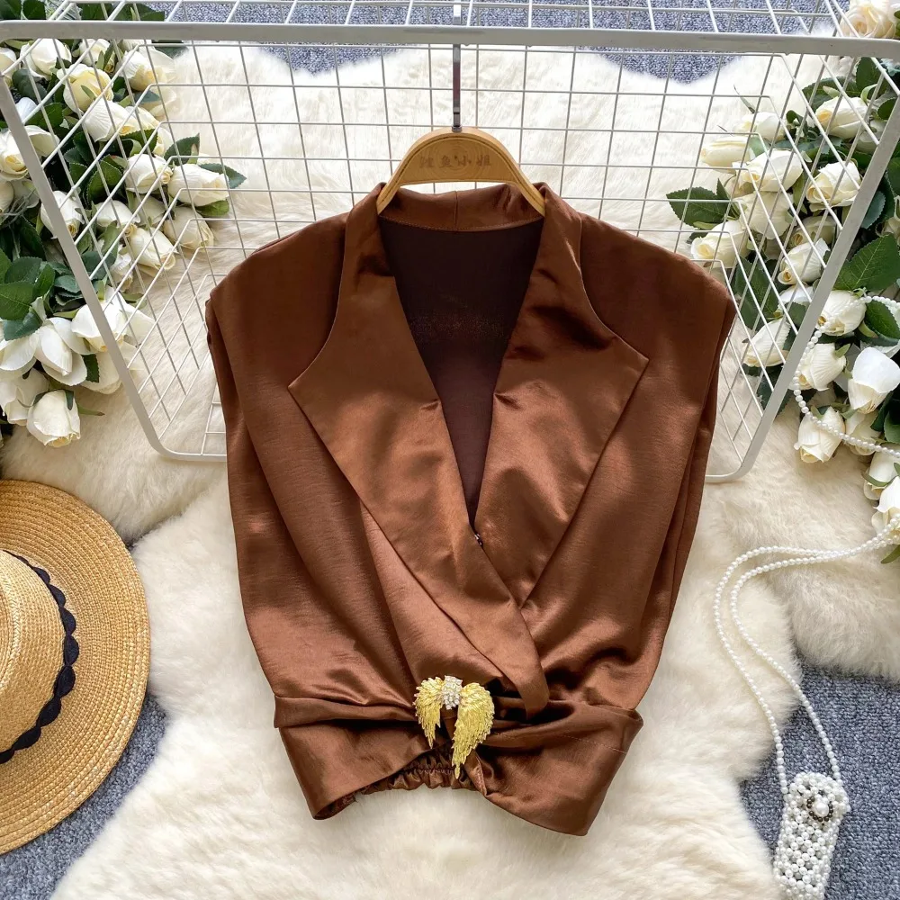 

Vintage Basics satin Chic sleeveless Notched Slim Top office lady French Streetwear High Street Blouse