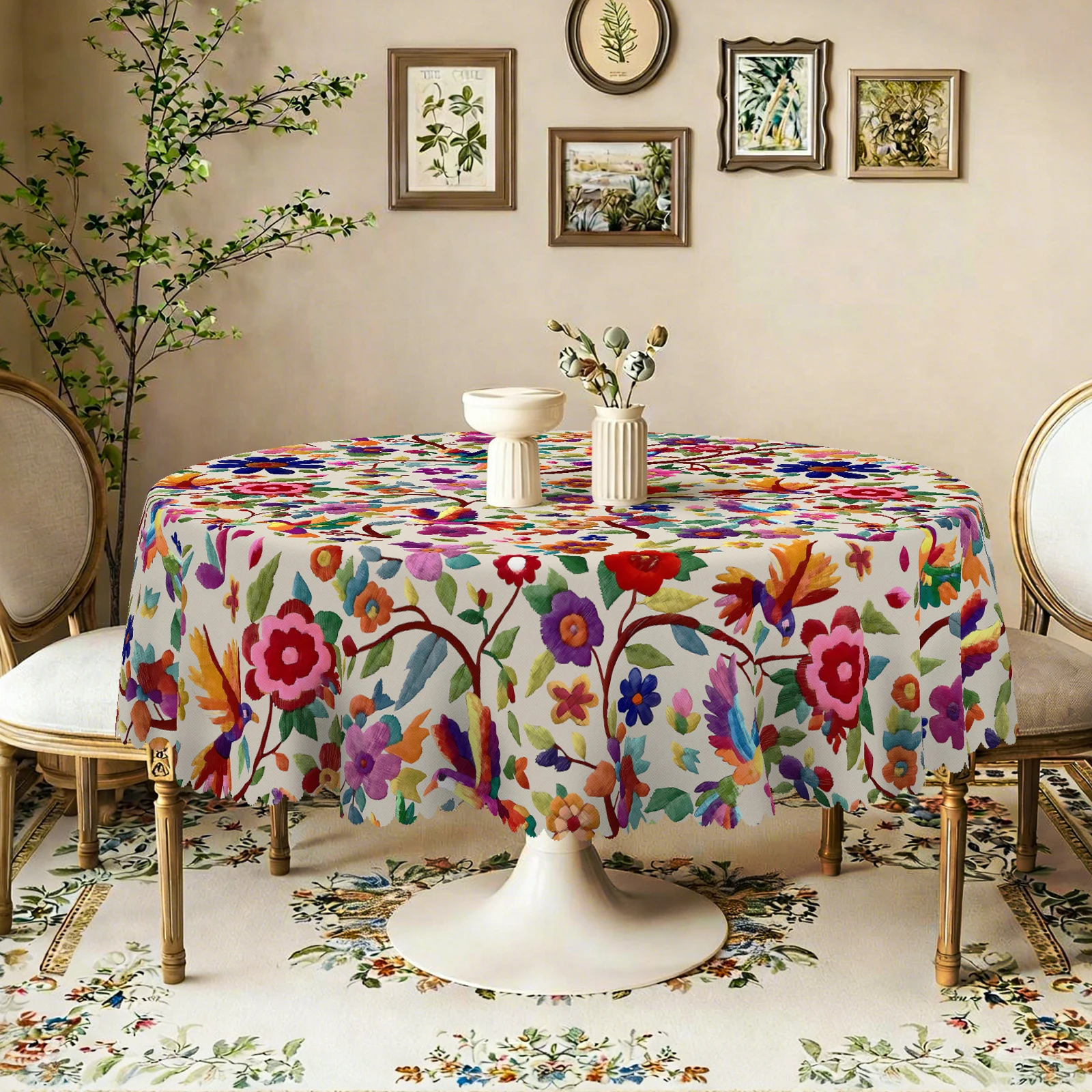 Bohemian Style Floral Tablecloth, Vintage Vibrant Flowers, Lively Birds and Other Printed Patterns, Multiple Size Options, Embossed Edges, Waterproof, Wrinkle-Resistant, Fade-Resistant, Perfect Gift for Family and Friends, Rectangular and Round Table Covers, Suitable for Spring, Summer, Autumn, and Winter, for Home Kitchens, Rooms, Courtyards, Balconies, Picnics, Cafes, Restaurant Tables Mex001