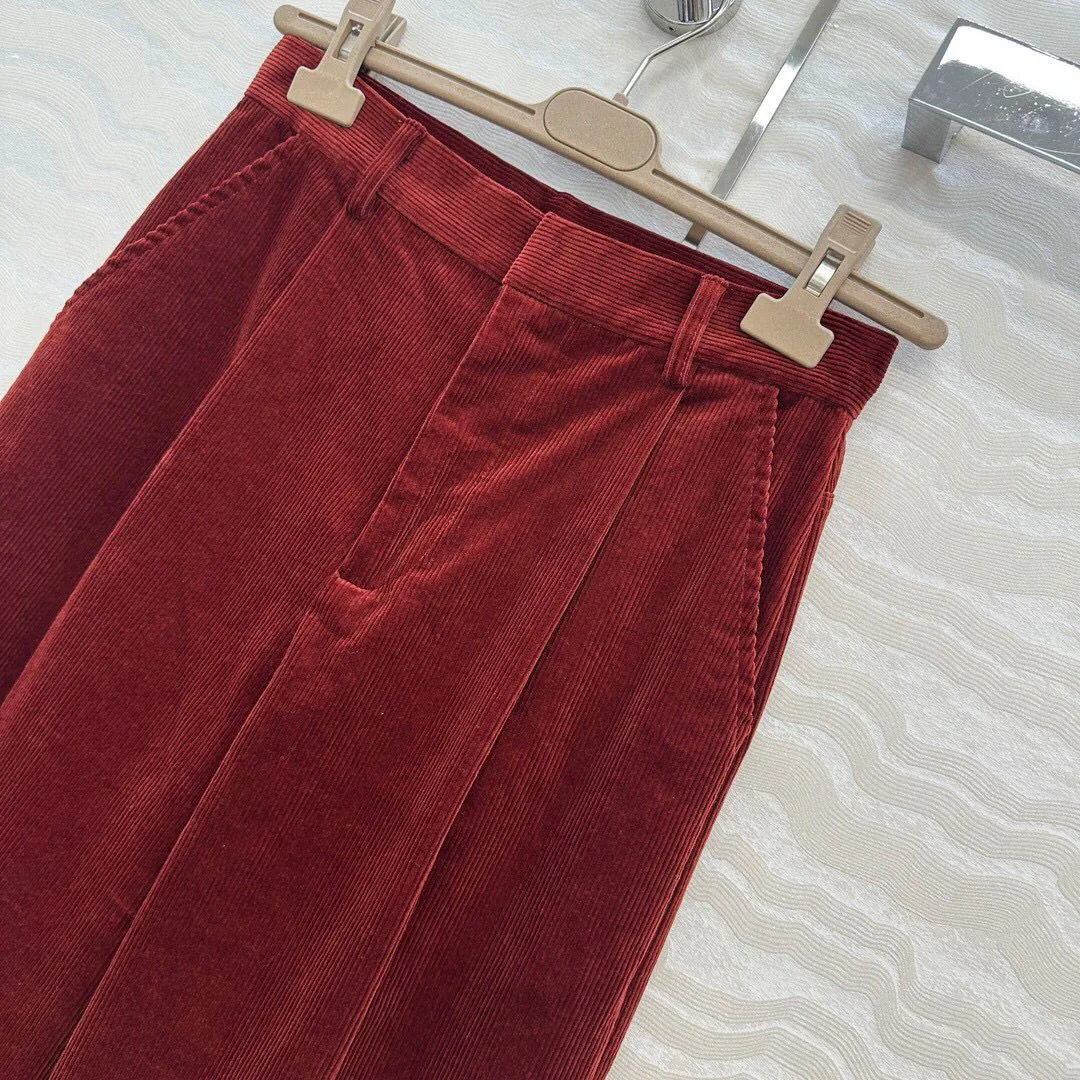 กางเกงขายาวทรงตรงผ้าลูกฟูกสีเบอร์กันดีสไตล์วินเทจแฟชั่นใหม่ปี 2025 สำหรับผู้หญิง ดีไซน์หรูหรา เอวสูง สวมใส่สบาย
