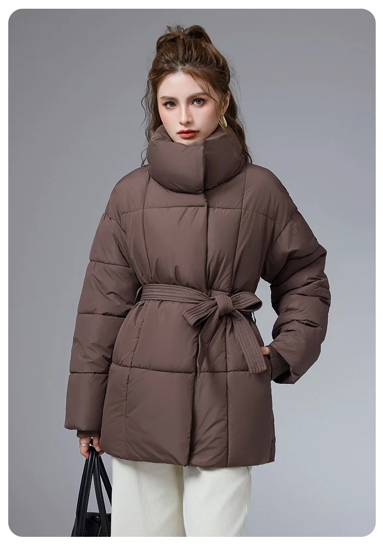 ZAROY Women Winter Belted Jacket Elegant Stand Collar Windproof Puffer Coat Cotton Padded Thick Warm Snow Parkas Overcoat куртка