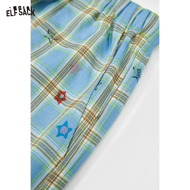 ELFSACK 2025 Summer New Arrival Loose Casual Clash Of Colours Plaid Star Wide Leg Trousers Leisure Straight Trousers For Woman