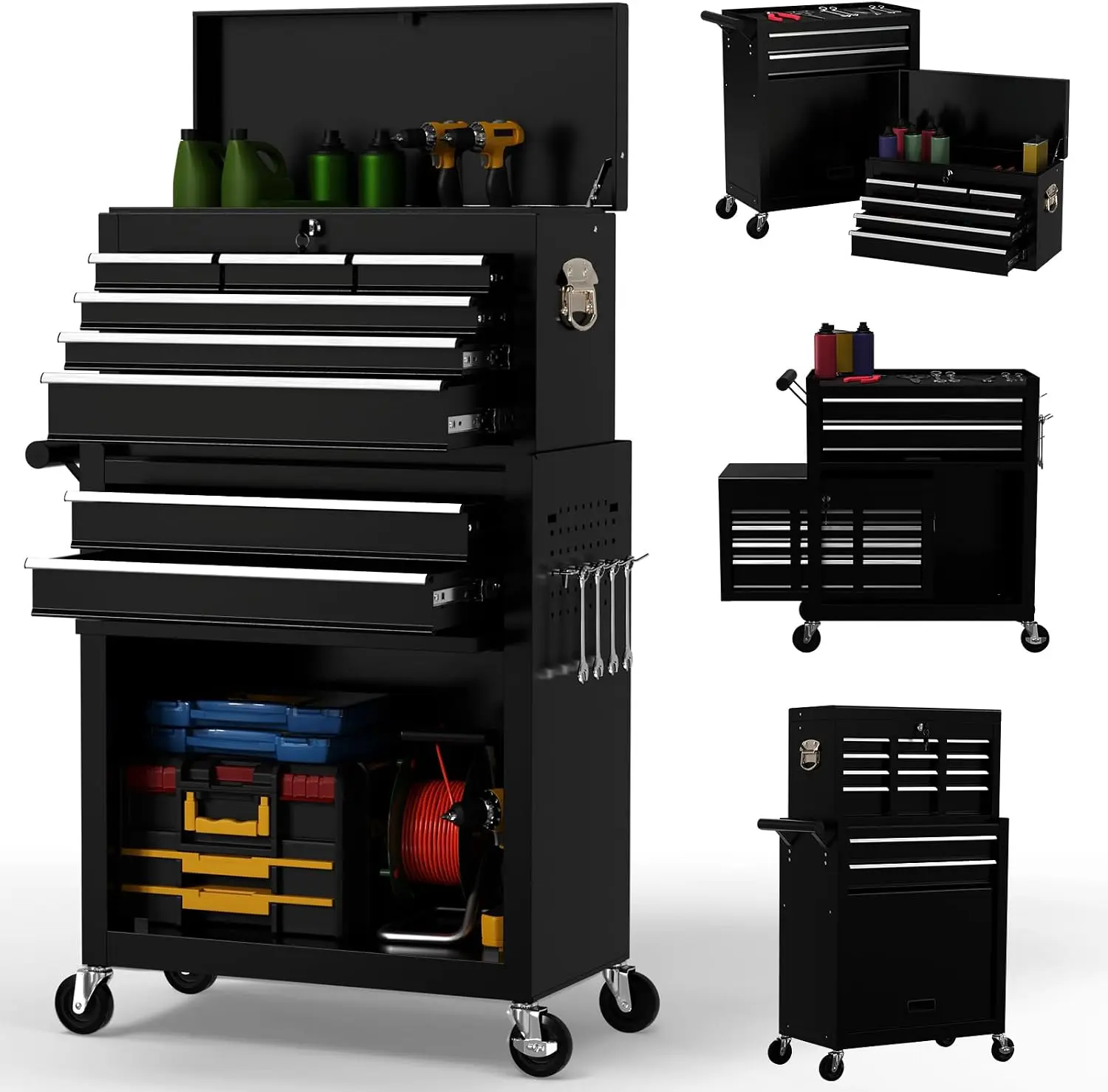 Rolling Tool Chest, Large Capacity Mobile Tool Box Cabinet, Multi Drawer Hardware Organizer With Smooth Casters, Heavy Duty Workshop Cart, Industrial Utility Style, Black Finish, 1 Piece
