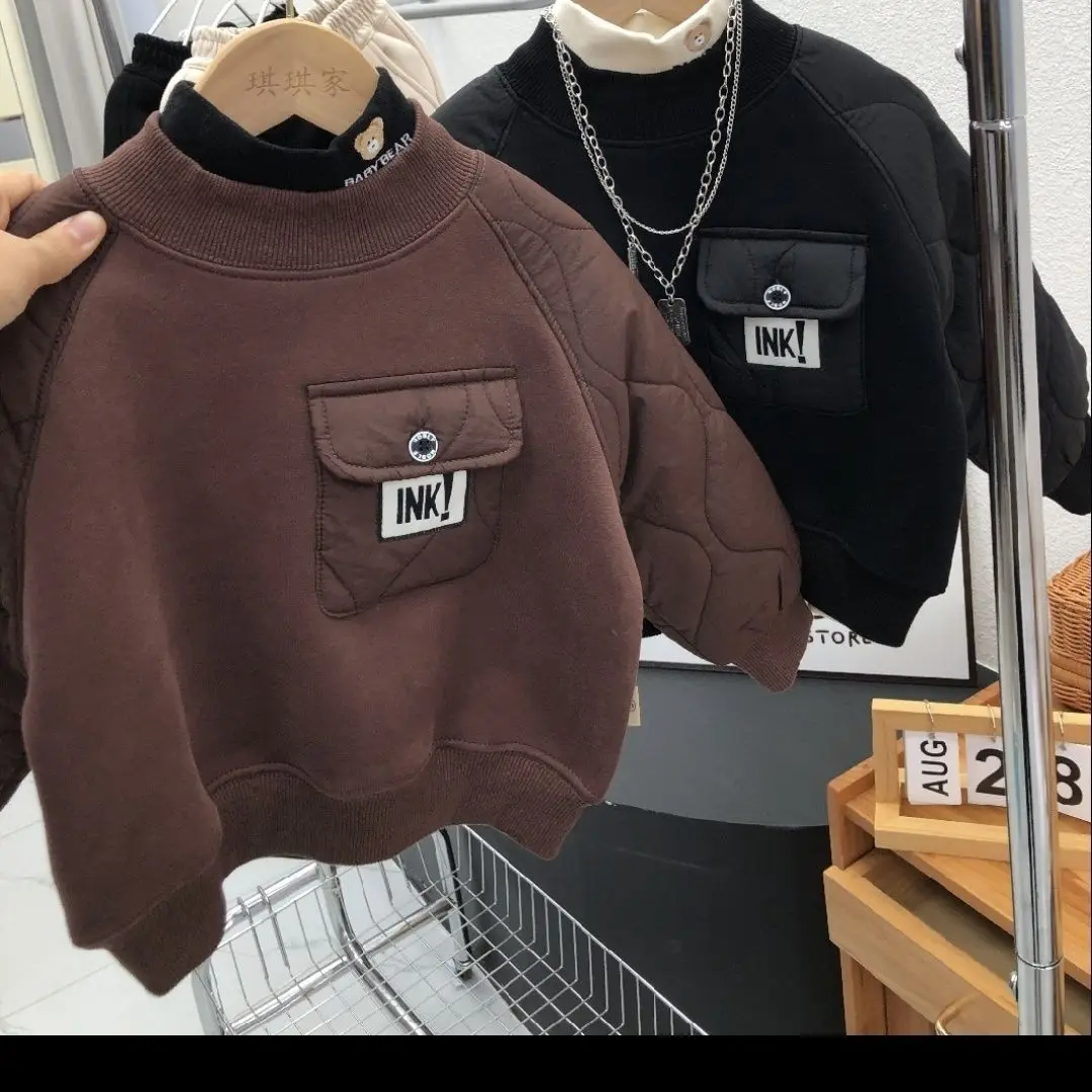Winter Boys Fashion patchwork Sweatshirts Plus Velvet Tops Kids Long Sleeve Children Pullovers Warm Thicken Boys Girls Clothes