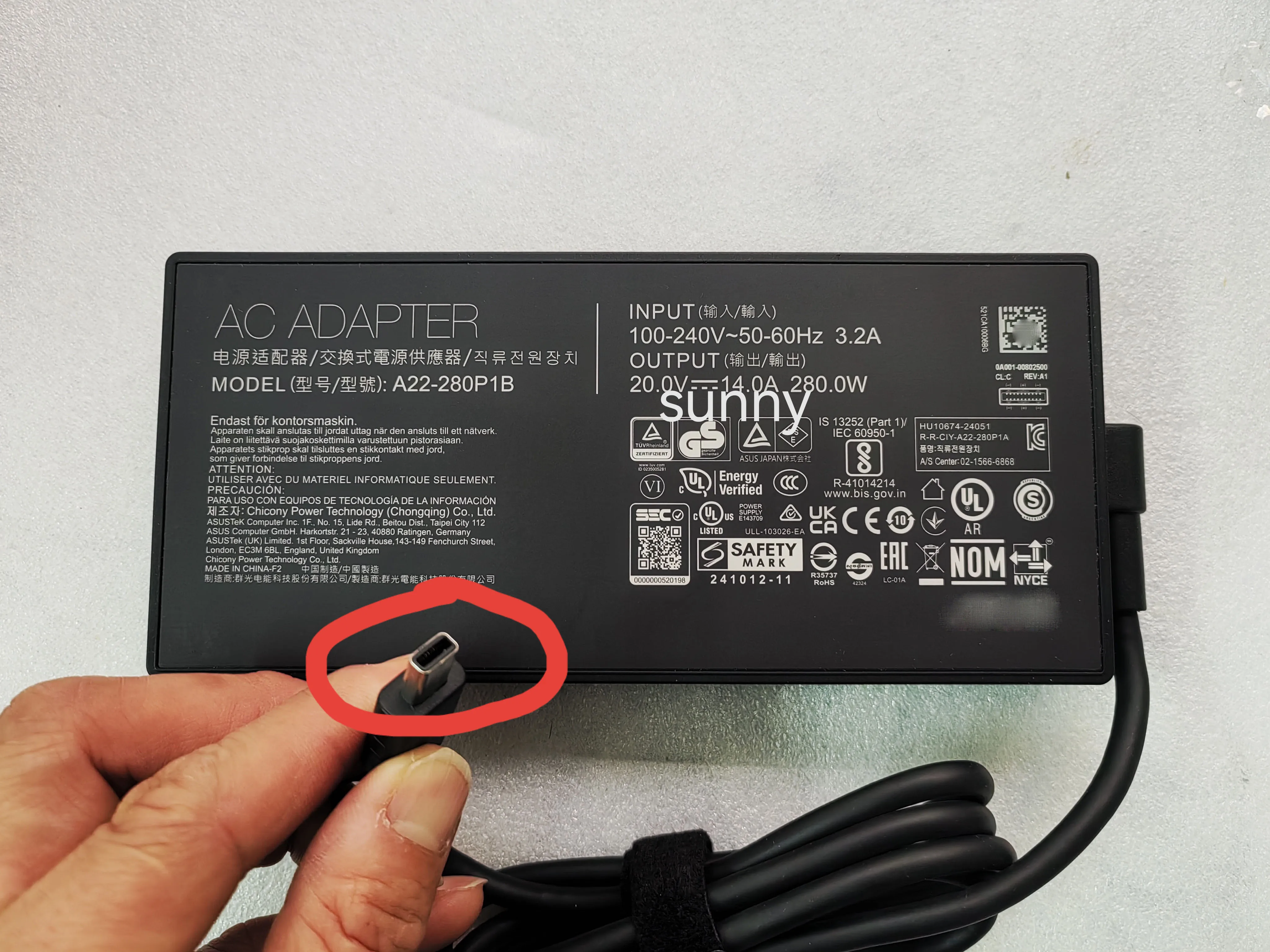 For Asus TUF F16 FX608LM-BS96 RTX5060 Gaming Laptop A22-280P1B 0A001-00802500 20V 14A Rectangle Conn 280W AC Adapter OEM NEW