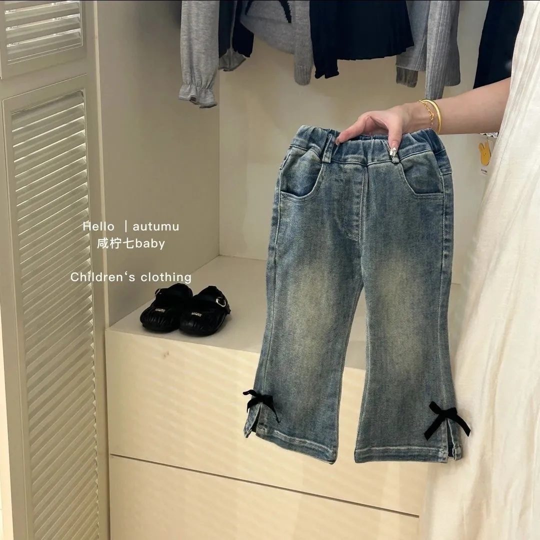 

Spring and Autumn Girls' Pants Fashion New Style Children's Baby Bow Bellbottom Pants Casual Jeans