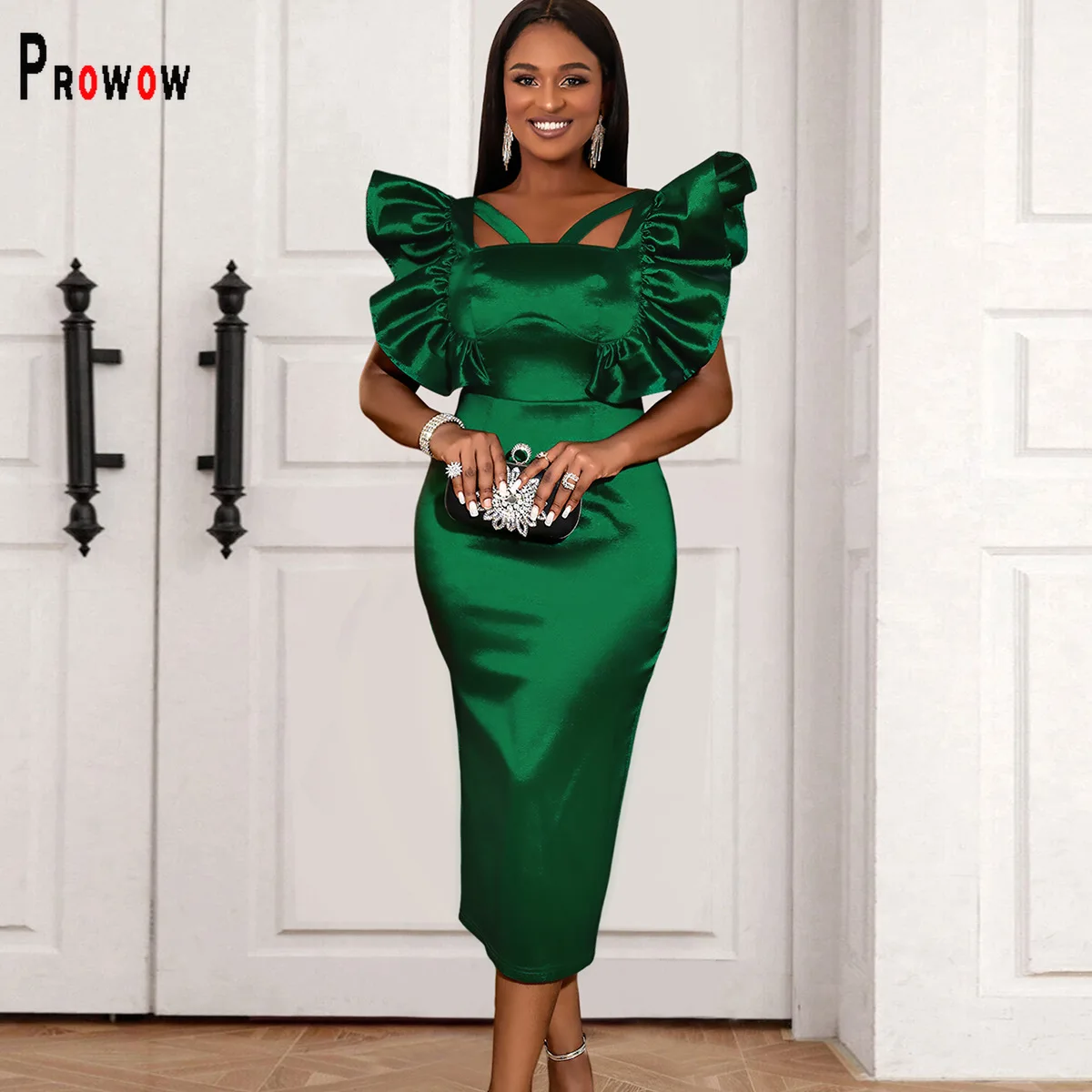 

Prowow Elegant Green Women's Dress Ruffle Sleeve Summer Evening Birthday Party Wear Square Collar Slim Fit Female Clothing