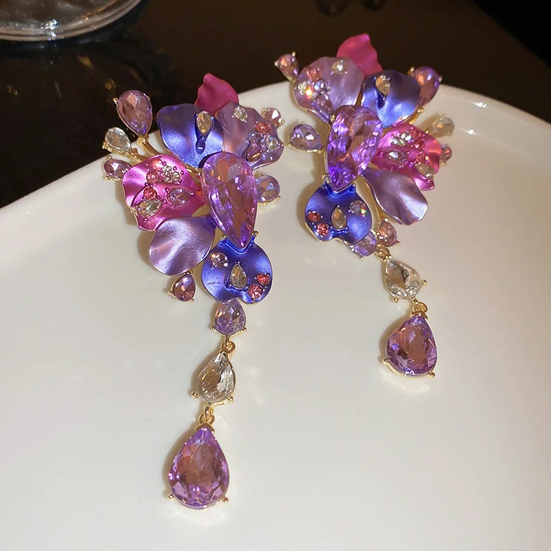 Luxury Rhinestone Purple Flower Drop Earrings for Women Europe and America Exaggerated Heavy Industry Party Jewelry