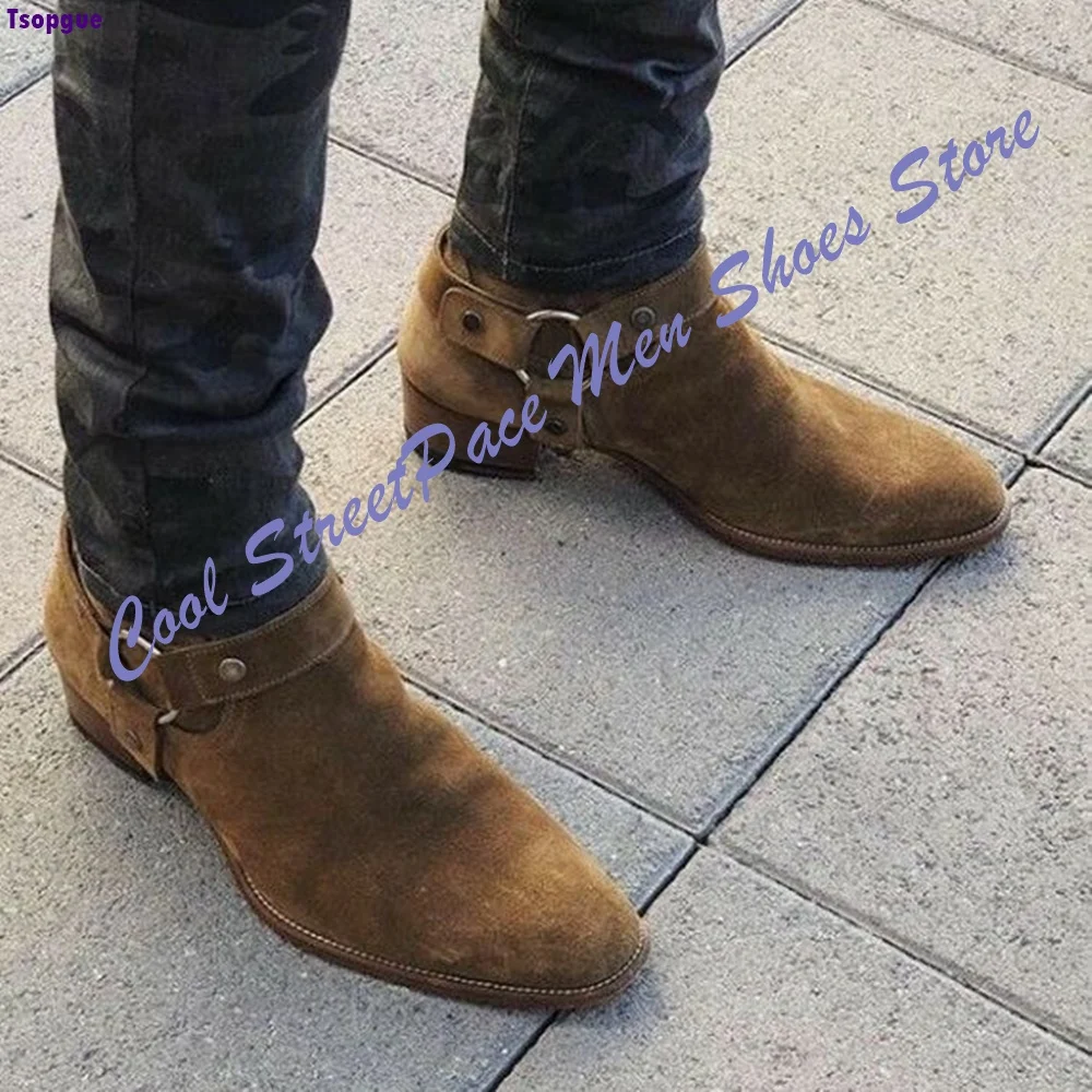 Vintage Metal Chain Buckle Men Suede Chelsea Boots Pointed Toe Side Zipper Ankle Boots Punk Street Fashion Dress Boots For Club