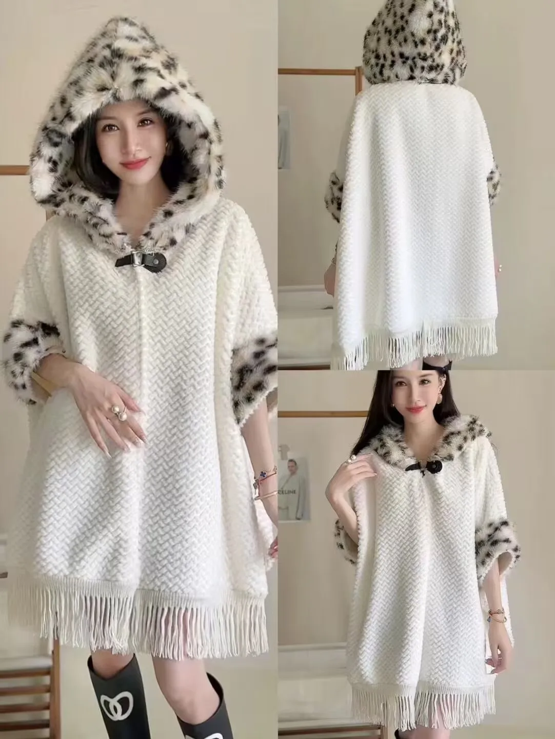 

2024 New Faux Leopard Fur Hat Loose Long Embossing Coat Big Pendulum Cape Women Winter Thick Batwing Sleeve Striped Tassel Cloak