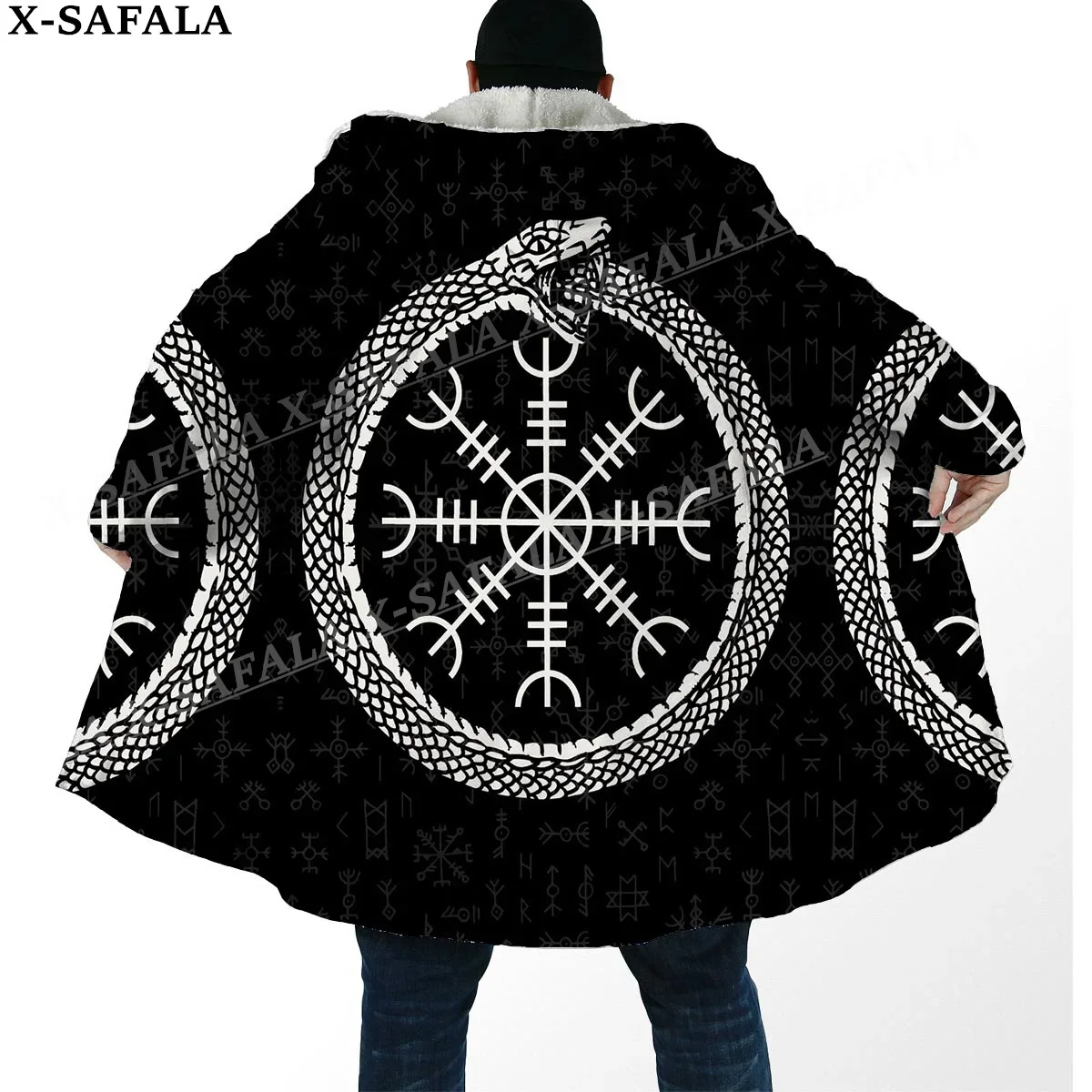 Viking Odin Tattoo Symbol Totems Art Thick Warm Hooded Cloak Men Overcoat Coat Windproof Fleece Cape Robe Hooded Blanket-7