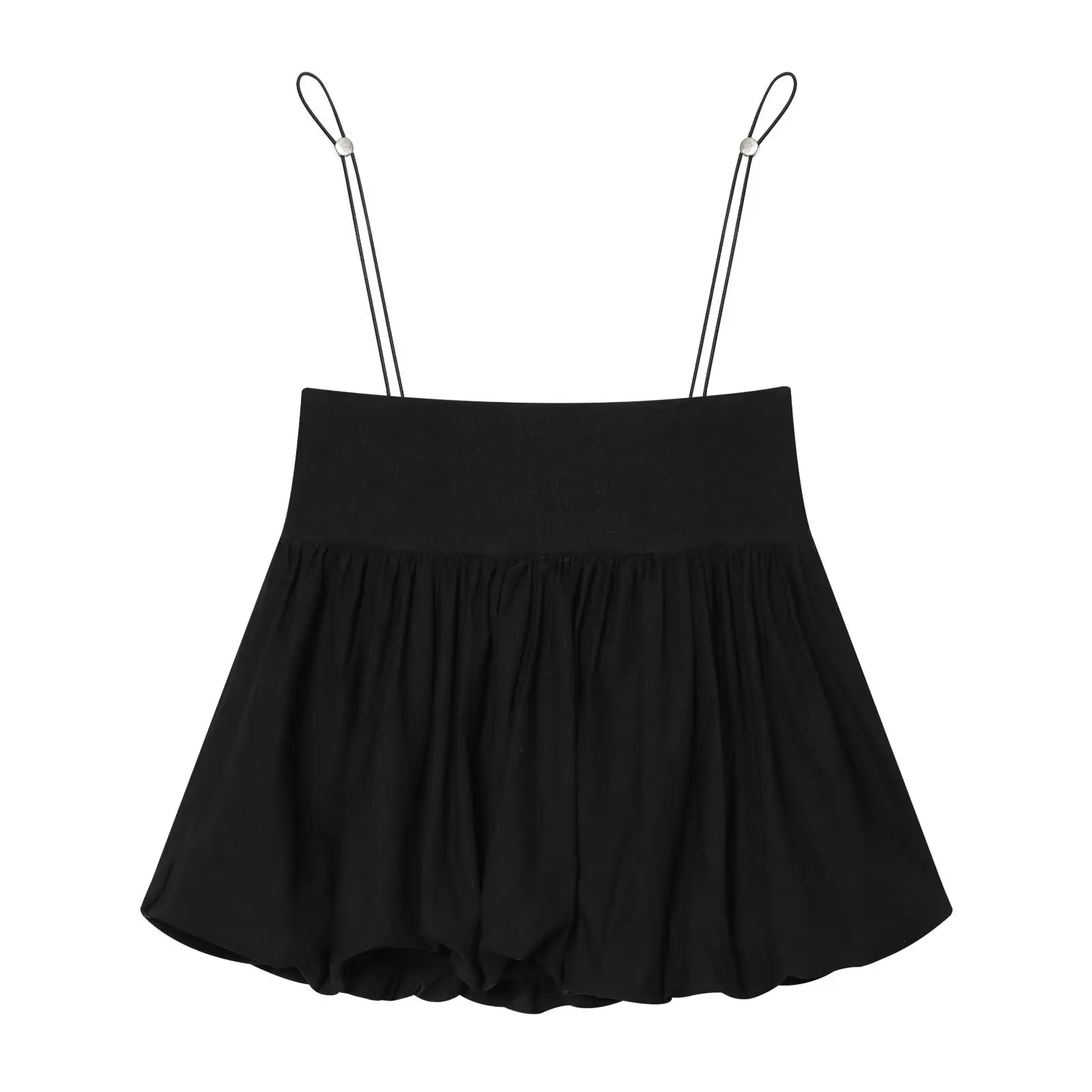 Women's Casual Fashion Snap-Button Top Black Bubble Hem Shorts With Straps High Waist Flared Casual Style Shorts For Women PJ7J
