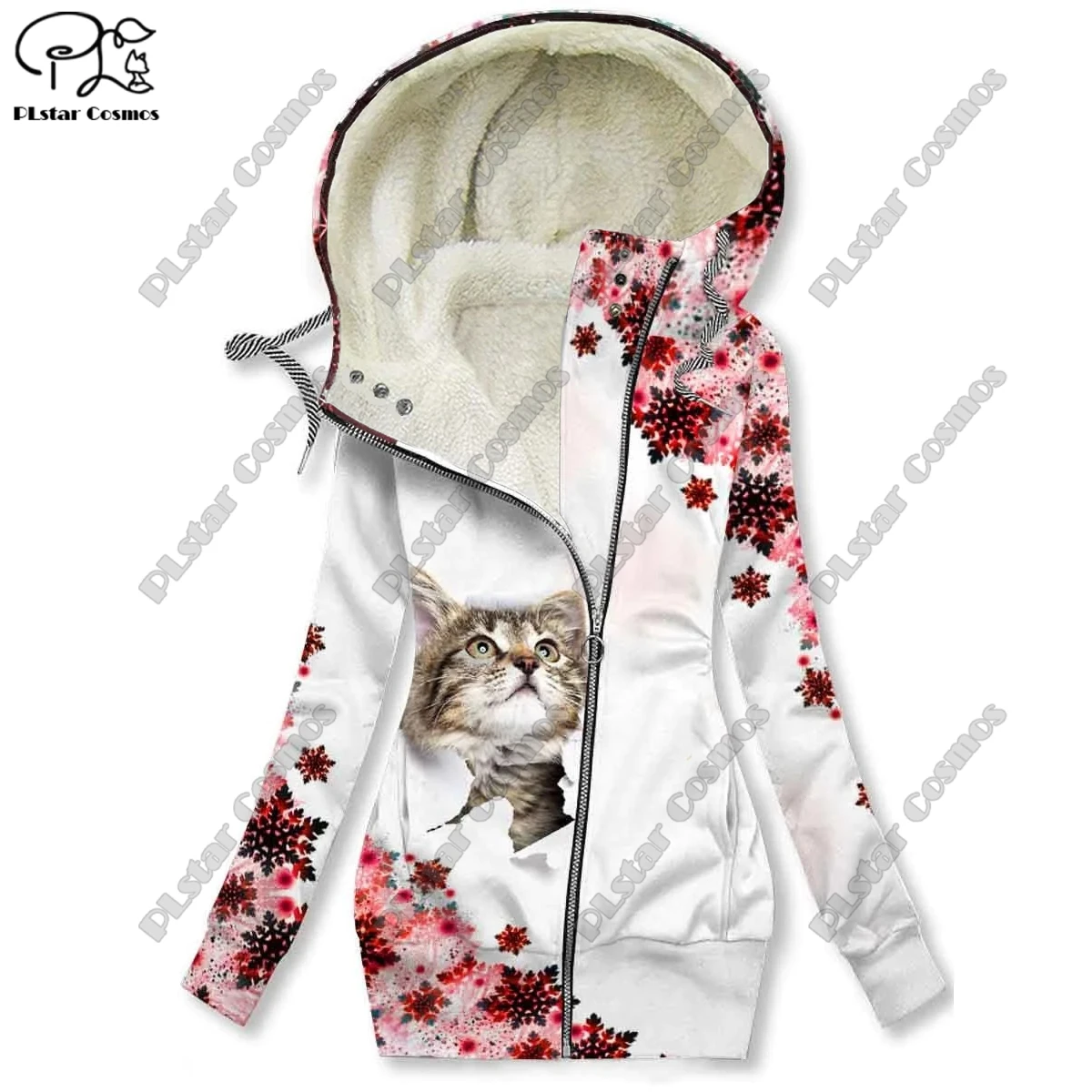 New 3D printing retro series floral and animal patterns plus velvet and warm women's long zipper sweatshirt casual winter L-1