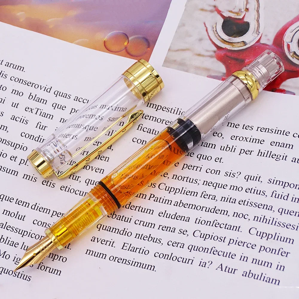 Imagem -03 - Atualizado Yongsheng 3008 Pistão Caneta Fonte Transparente ef f Nib 0.38 0.5 mm Ouro Prata Guarnição Escritório Conjunto de Negócios Peças