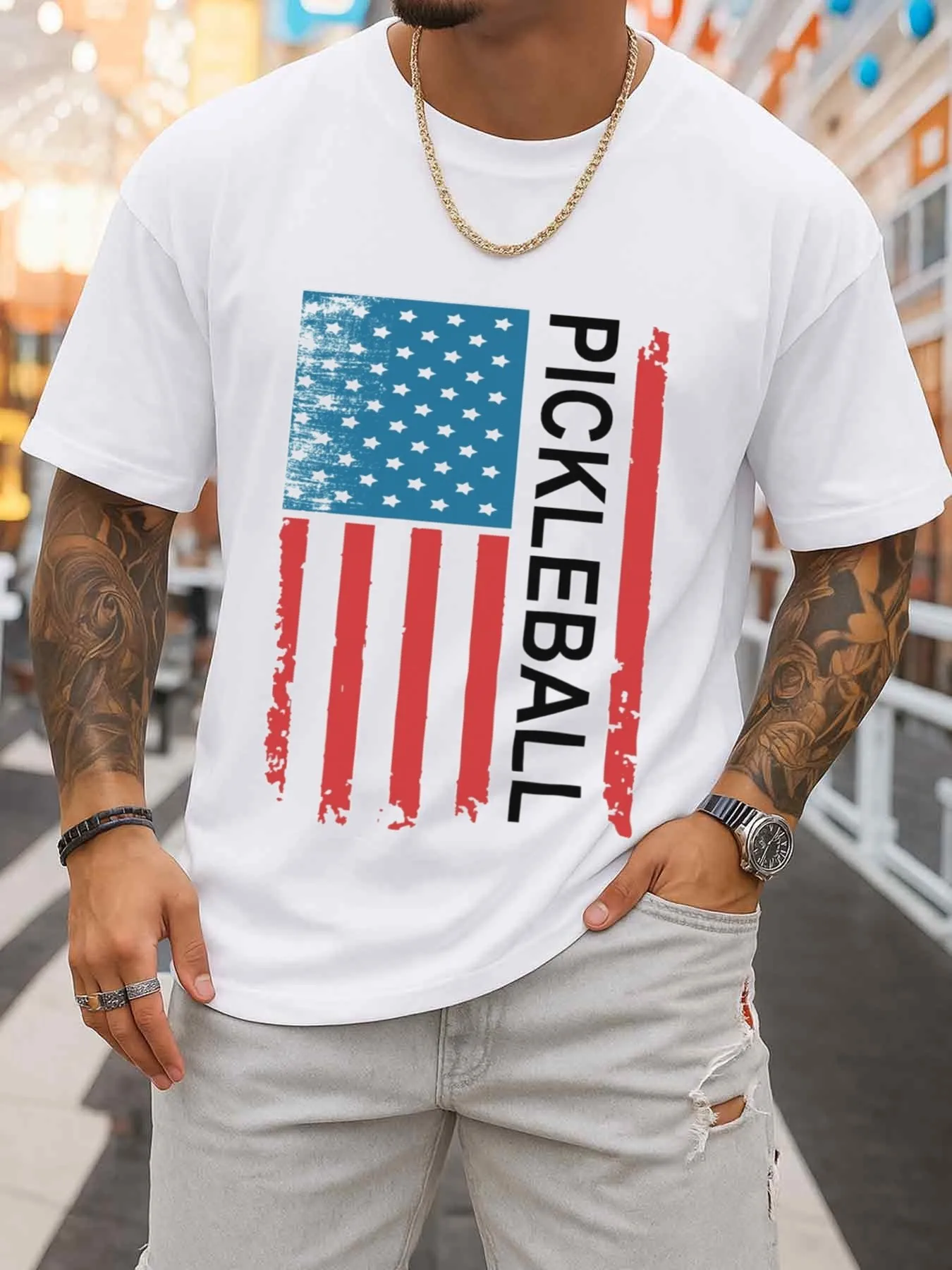 Pickleball American Flag T-Shirt for Men, White Top, Limited Edition, Summer Outdoor Activities Casual Wear, Regular Fit, Suitable for All Seasons, Casual Outfit, Great Gift, Hip-Hop Street Style, Comfortable Everyday Wear