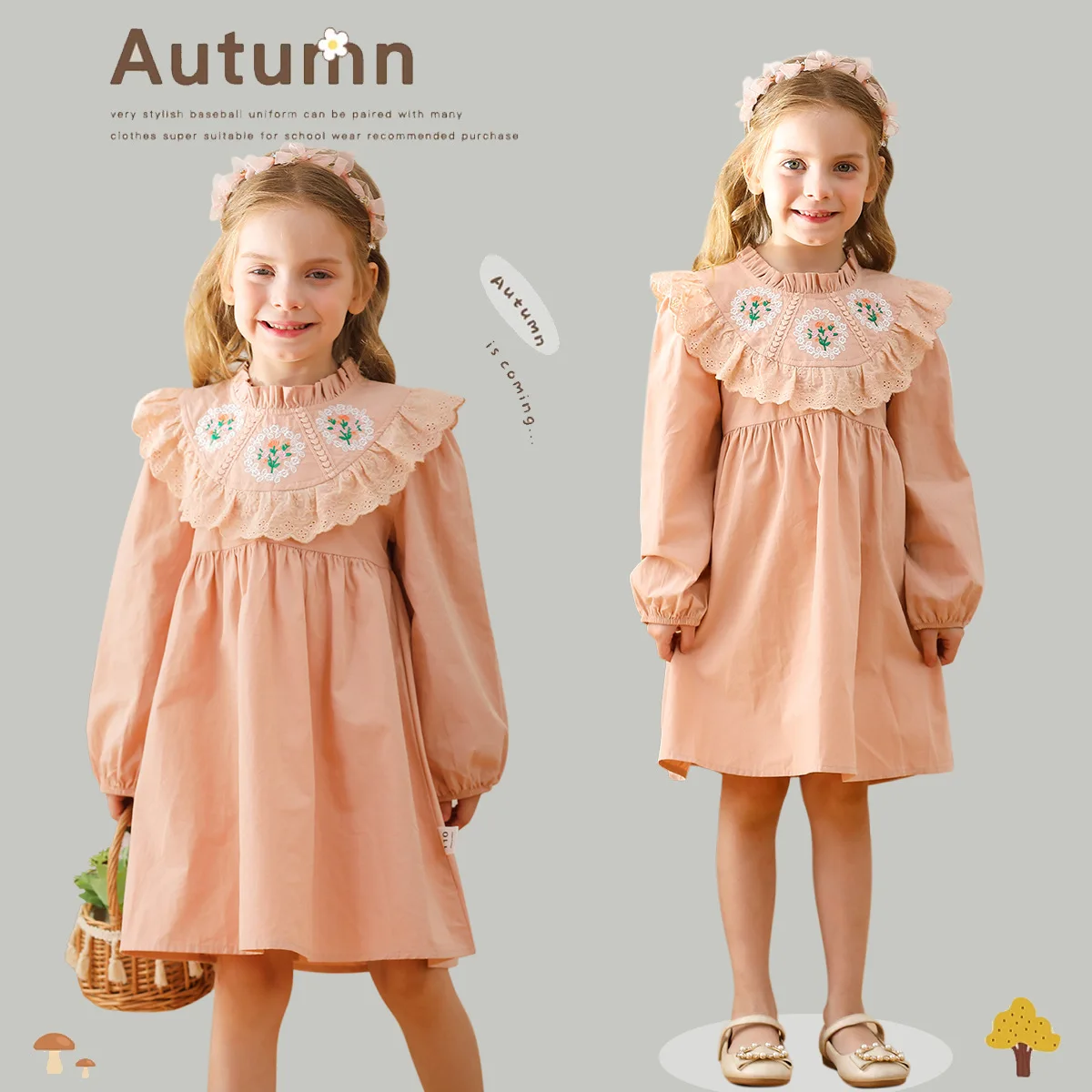 Retro Flower Embroidery Stand Up Collar Girls' Dress 2024 Autumn Style Lotus Leaf Lace Sweet Princess Dress Long Sleeved