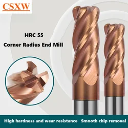 CNC R Bullnose Cortador, Carboneto De Tungstênio Aço Metal Router Ferramenta, Usinagem De Superfície, Raio De Canto End Mill, 4 Flautas, R0.5, R1, R2, CSXW