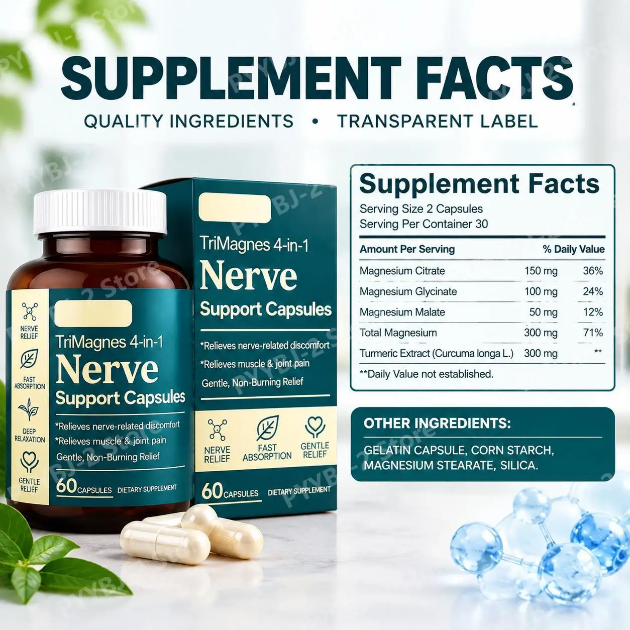 Nerve Support Capsules Maintain Nerve Function & Aid Muscle Relaxation with Magnesium Citrate Glycinate Malate Turmeric 60 Caps