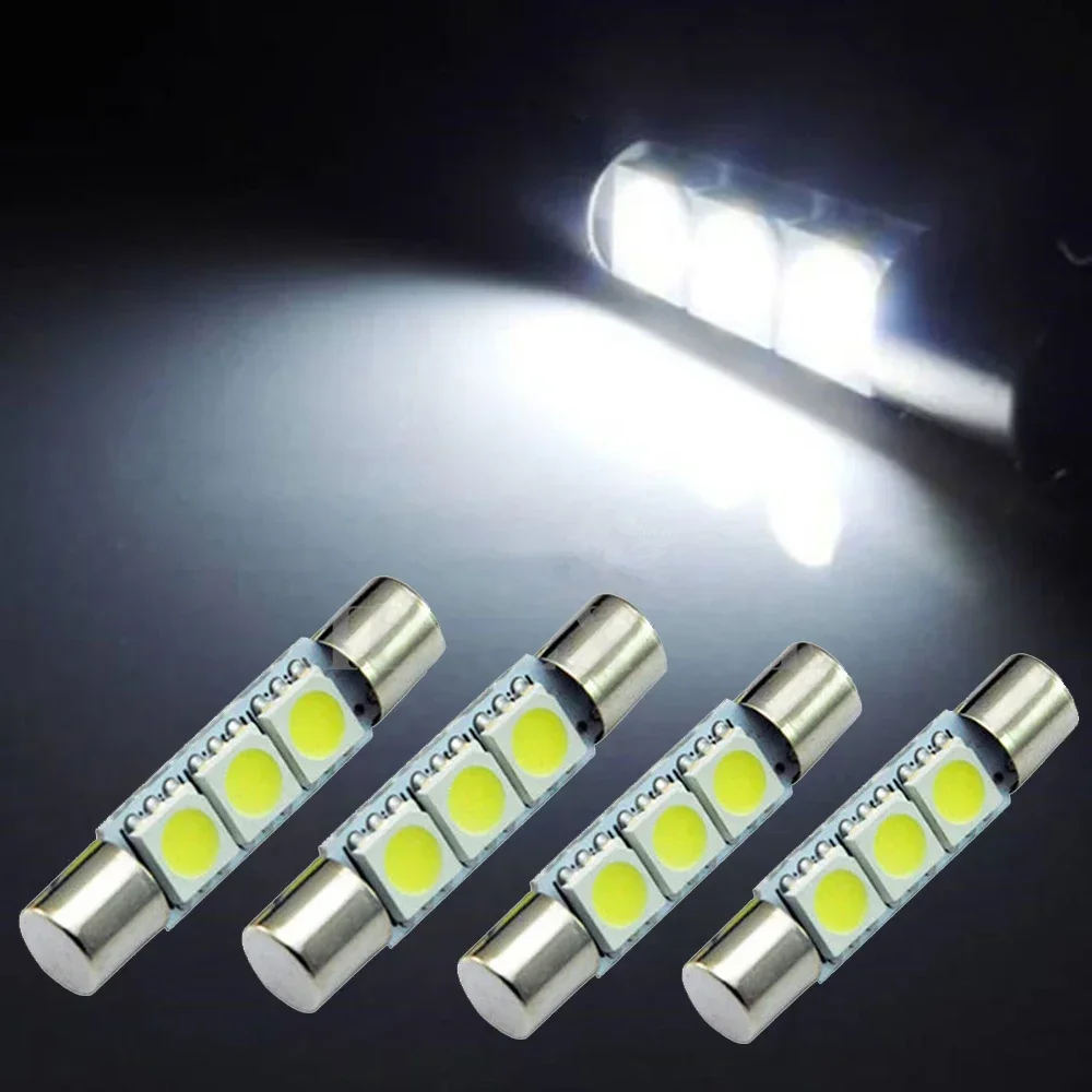 

4Pcs White Universal HID 5050 3-SMD 31mm 6641F Fuse Shape LED Bulbs Mirror Light Sun Visor Car Lights Car Interior Accessories