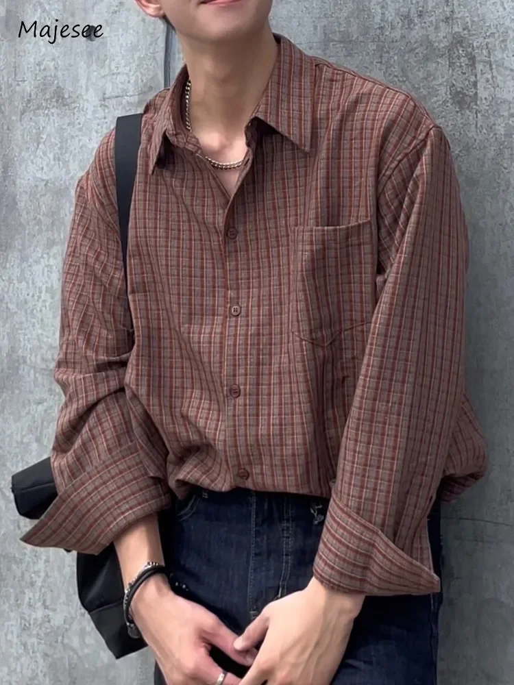 Striped Shirts Men Vintage Baggy Korean Style Long Sleeve Casual Commuting Style Autumn Handsome Chic Streetwear Single Breasted