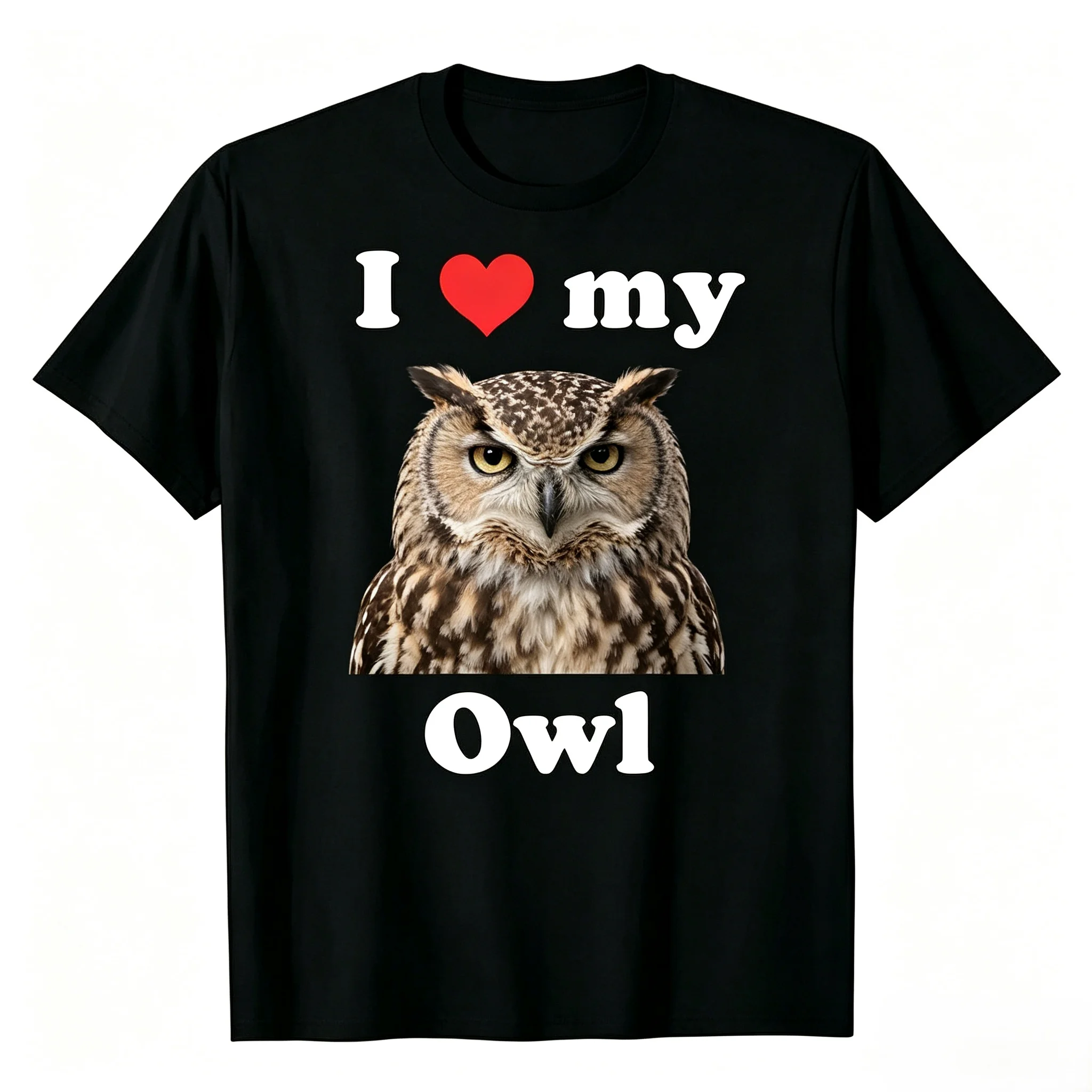 Unisex I Love My Owl Graphic T-Shirt Men Women Realistic Eagle Owl Portrait Red Heart Print Short Sleeve Crewneck Bird Wildlife Lover Oversized Streetwear Tee
