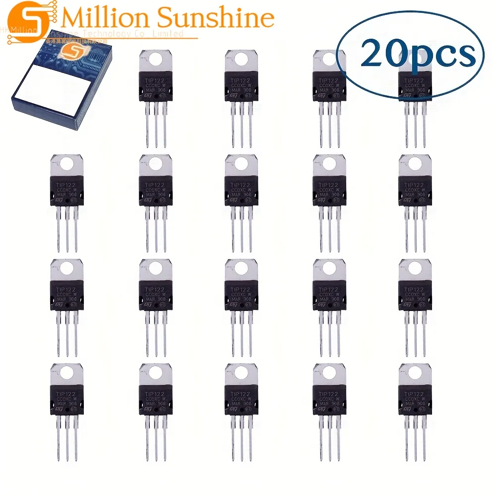 20PCS TIP122 NPN Darlington Power Transistor, 5A 100V, TO-220 Package, Silicon Epitaxial, High Power Amplifier Transistors